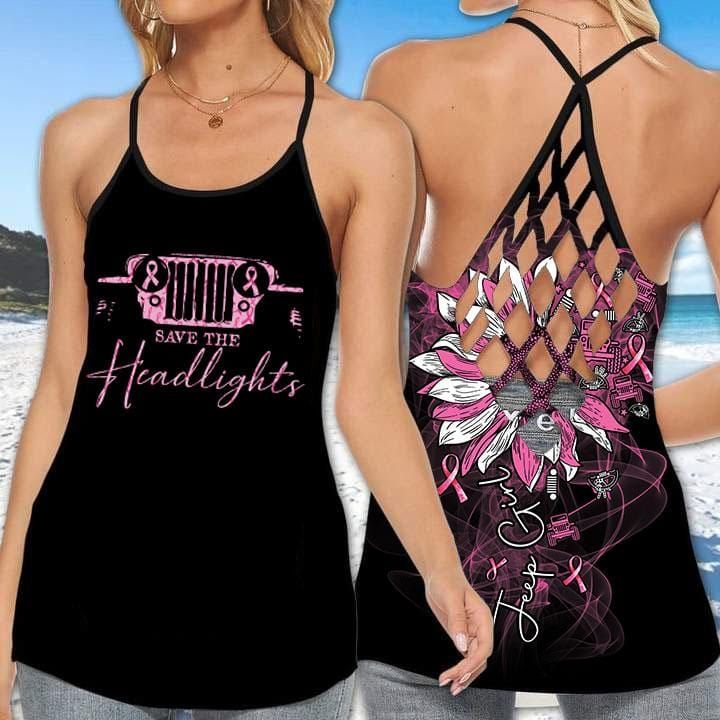 Breast Cancer Jeep Girl Save The Headlights Pink Black Flower Criss Cross Tank Top - Legging 3D