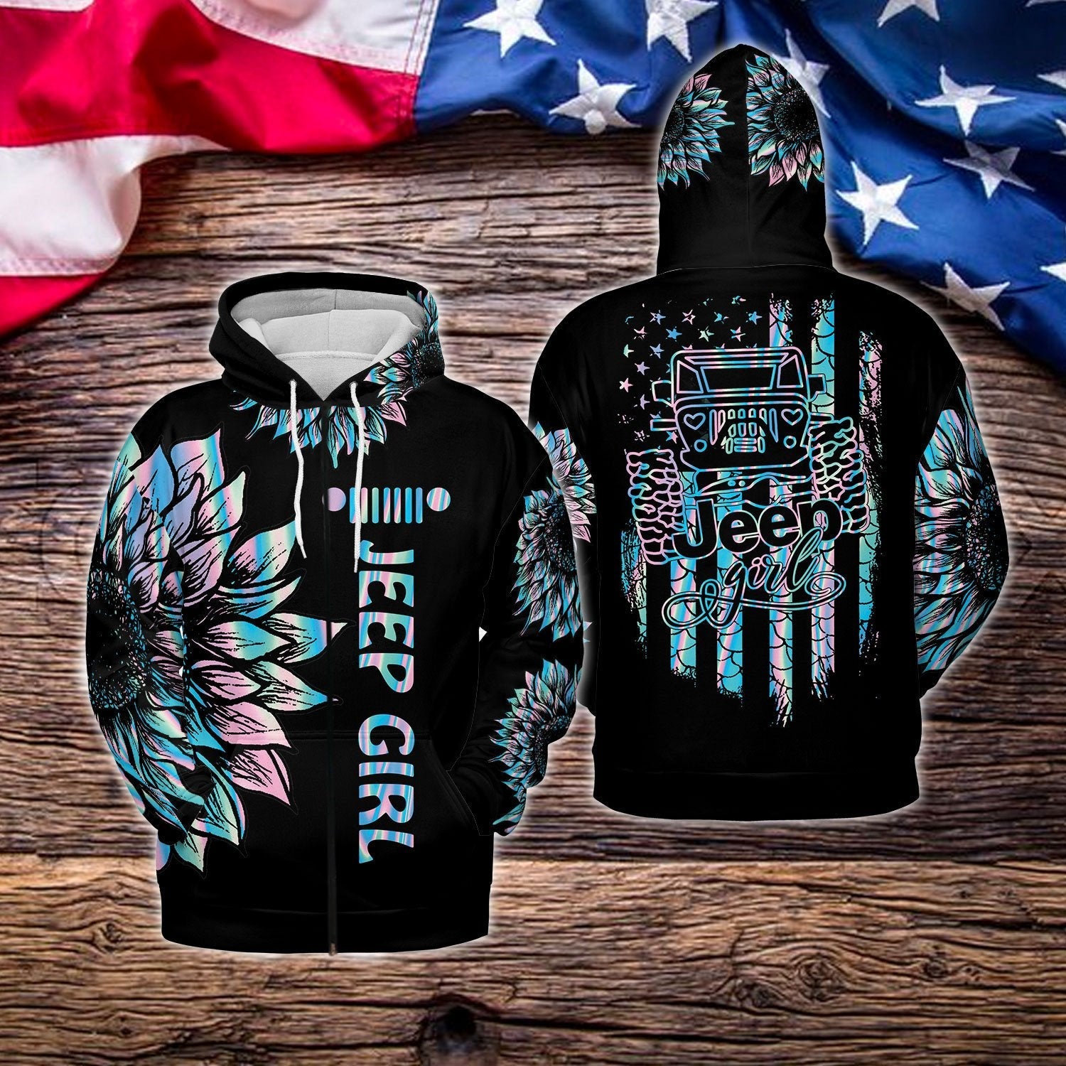 hologram-jeep-girl-sunflower-black-hoodie-3d