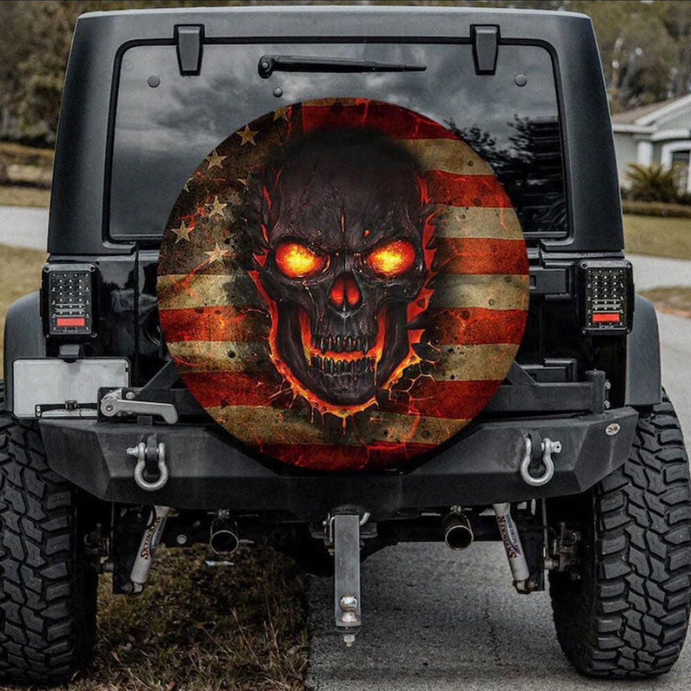 Fire Skull American Flag Jeep Spare Tire Cover