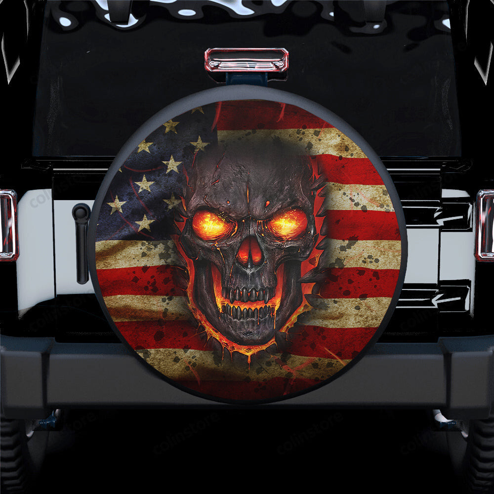 Fire Skull American Flag Jeep Spare Tire Cover