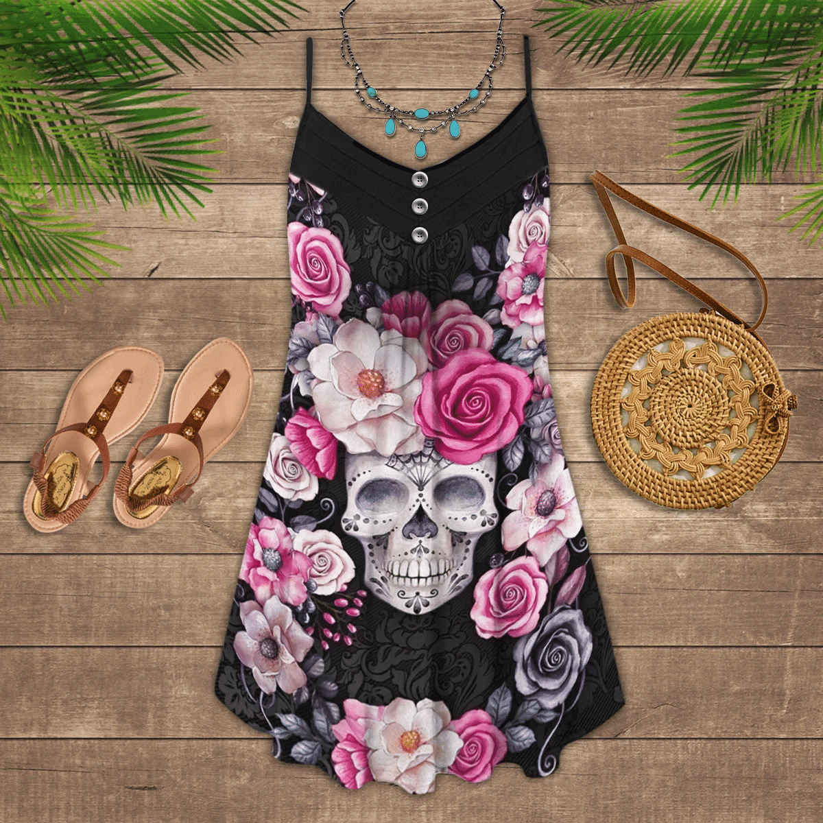 sugar-skull-rose-sleeveless-spaghetti-strap-summer-dress-printed-3d-best-mothers-day-gifts-ideas-for-mom