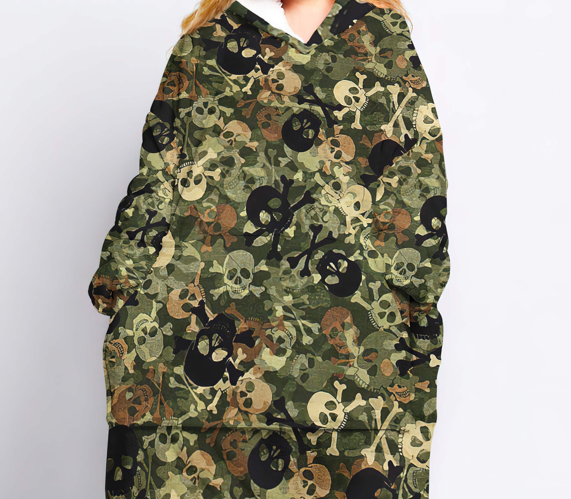 Skull Camo Texture Sherpa Blanket Hoodie Wearable Blanket Hoodie