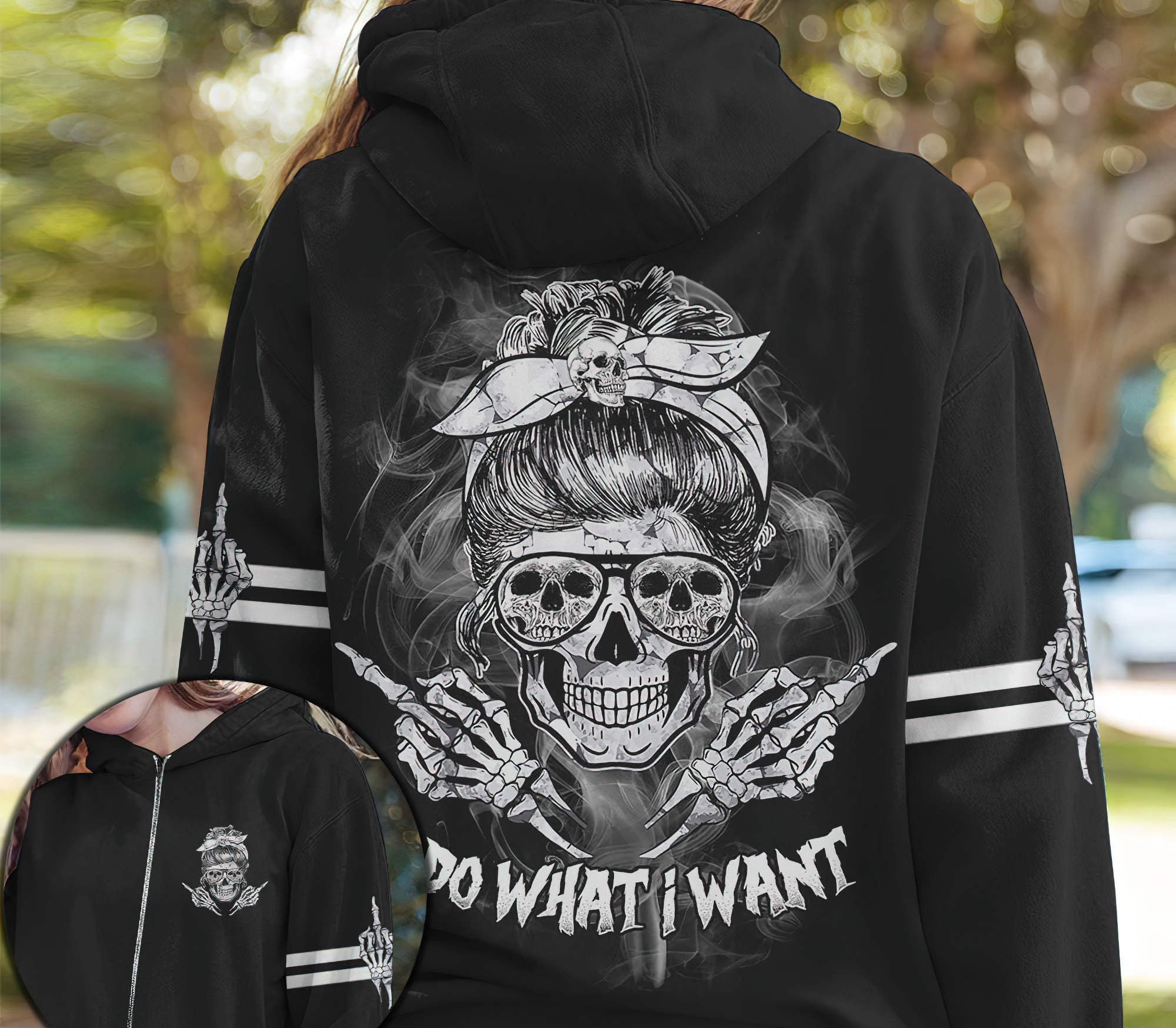 I Do What I Want Skull Black And White All Over Print Hoodie