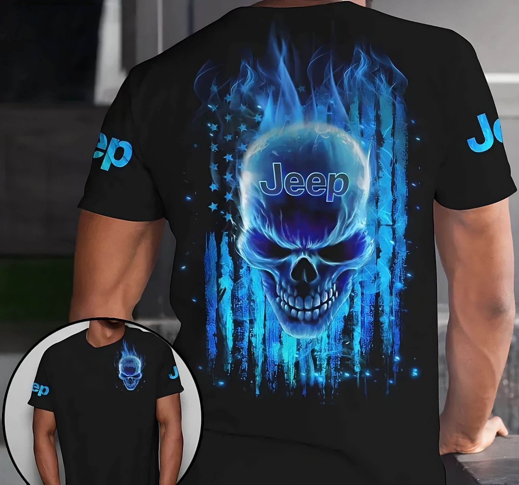 jeep-blue-flaming-skull-flag-all-over-print-t-shirt