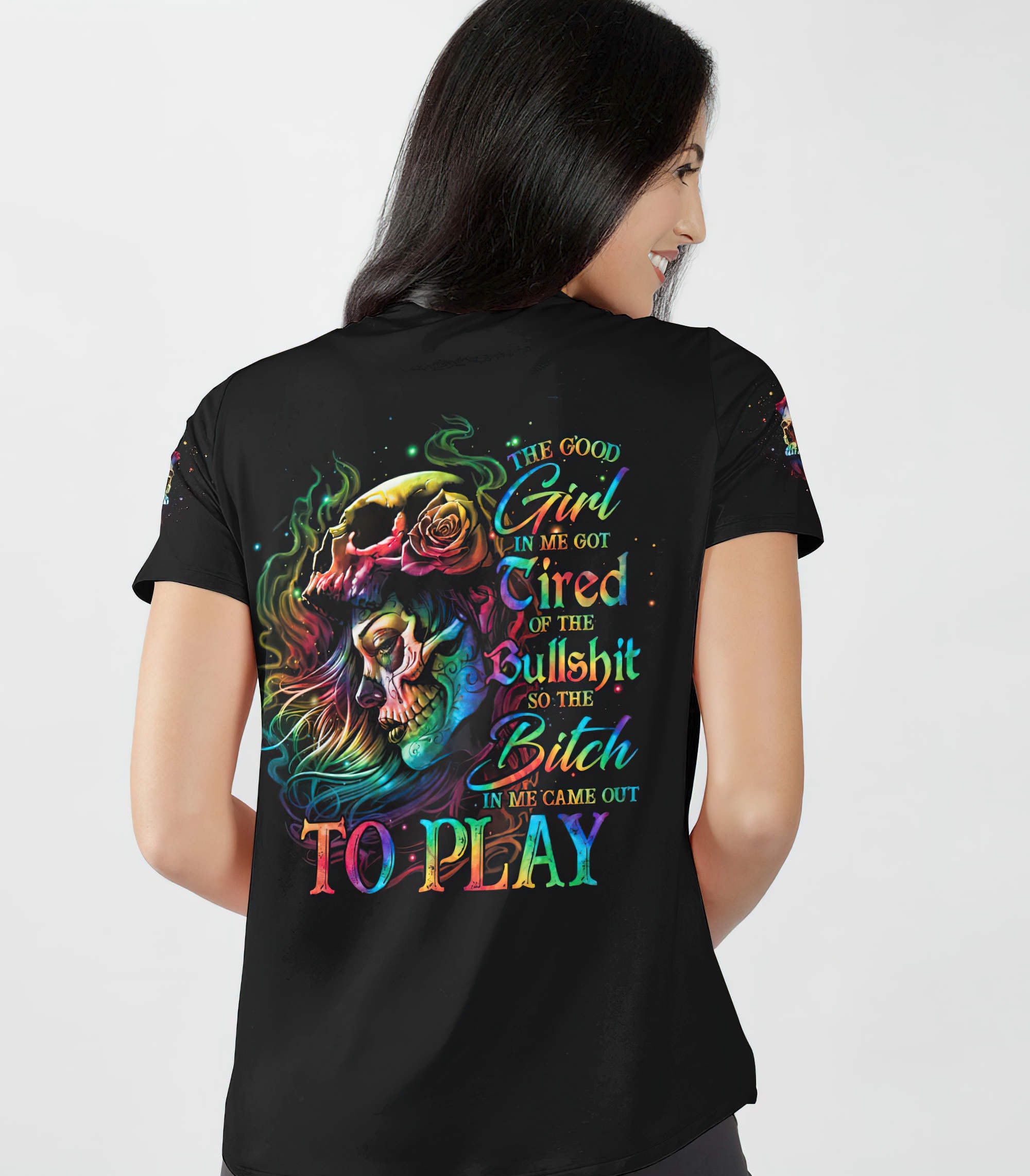 the-good-girl-in-me-mask-skull-girl-all-over-print-women-v-neck-t-shirt