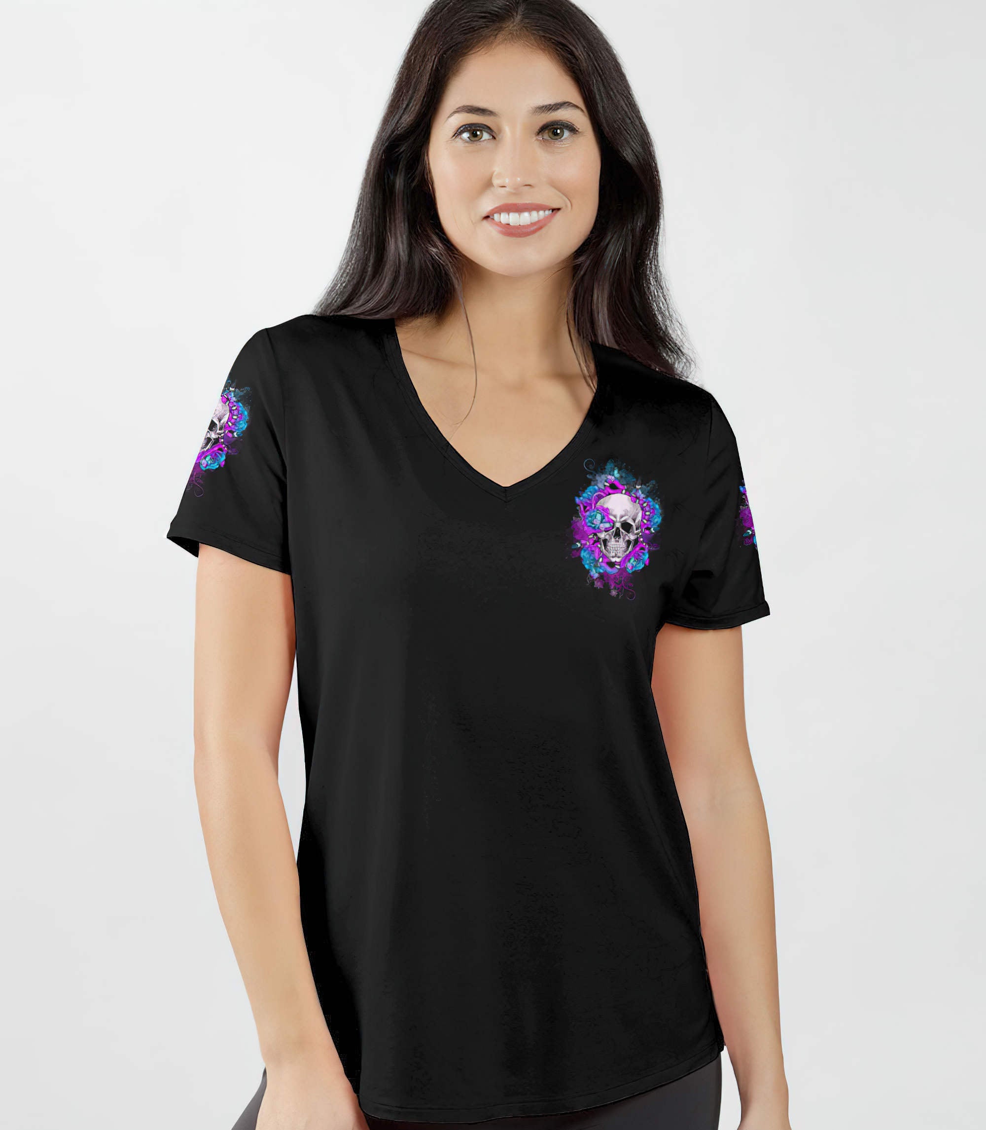 im-the-kind-of-b-flower-skull-all-over-print-women-v-neck-t-shirt