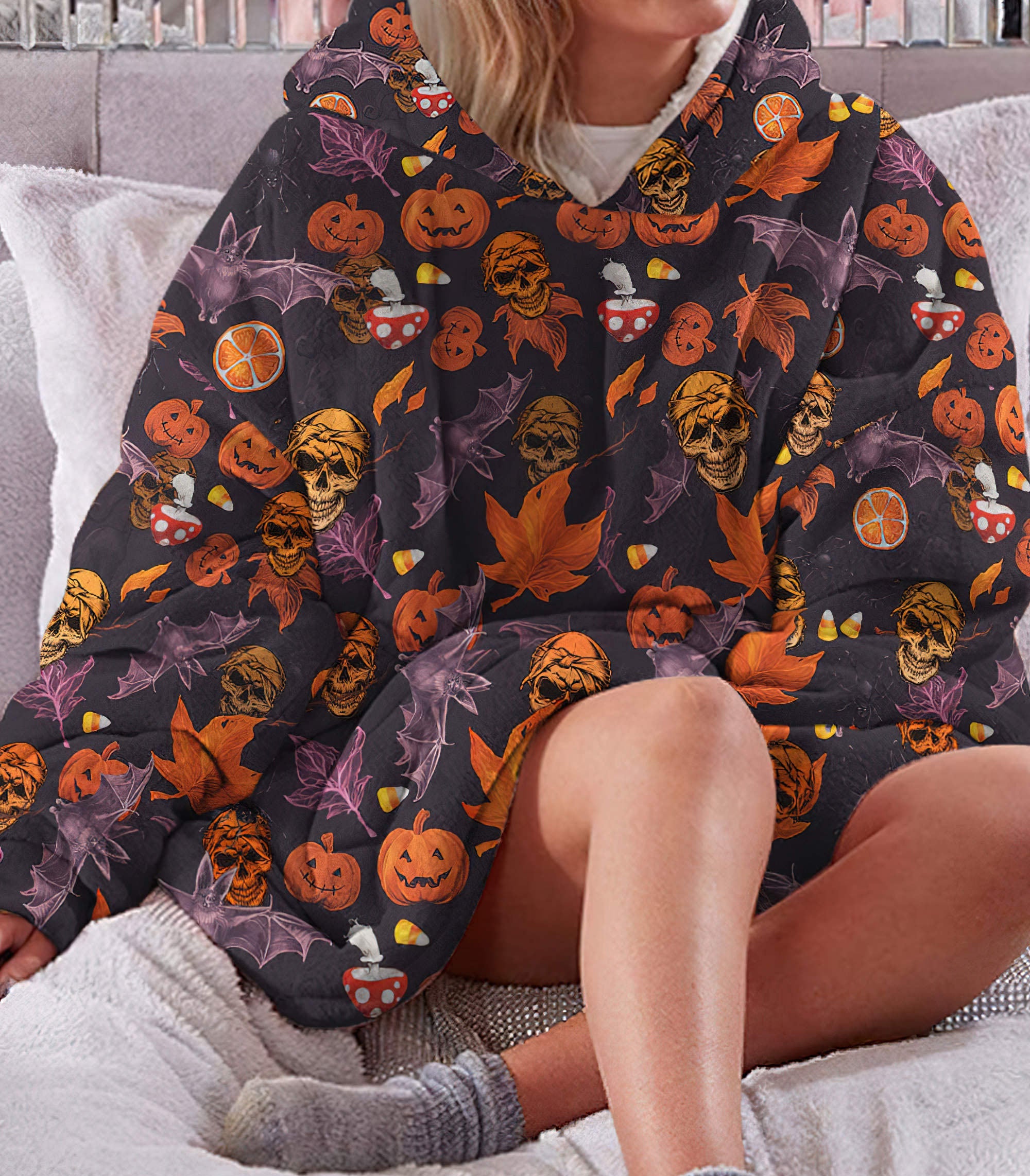 Skull Halloween Pattern Sherpa Blanket Hoodie Wearable Blanket Hoodie