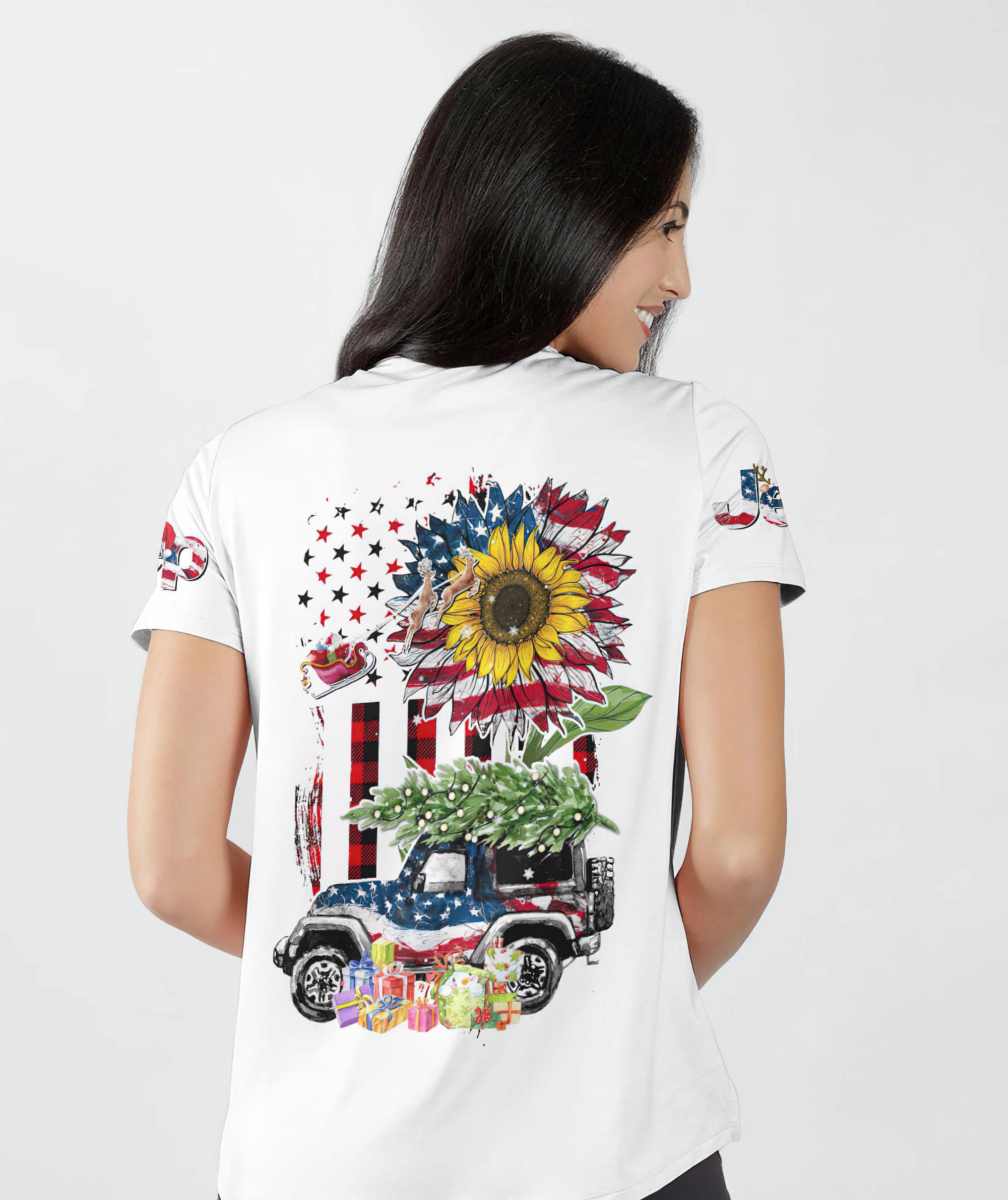 america-sunflower-jeep-christmas-women-v-neck-t-shirt