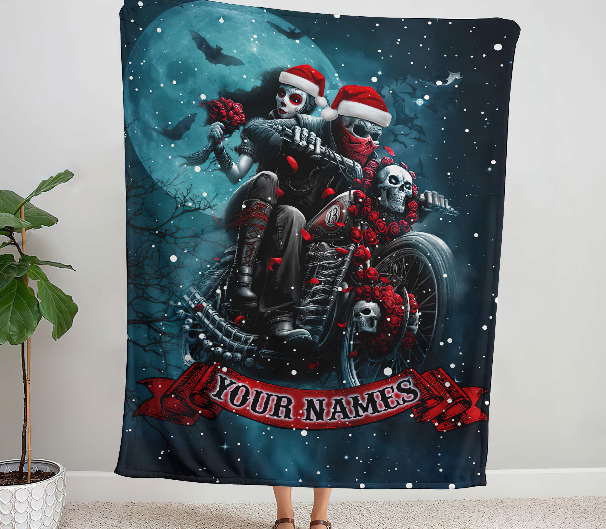 Personalized Skull Biker Couple Woven & Fleece Blanket