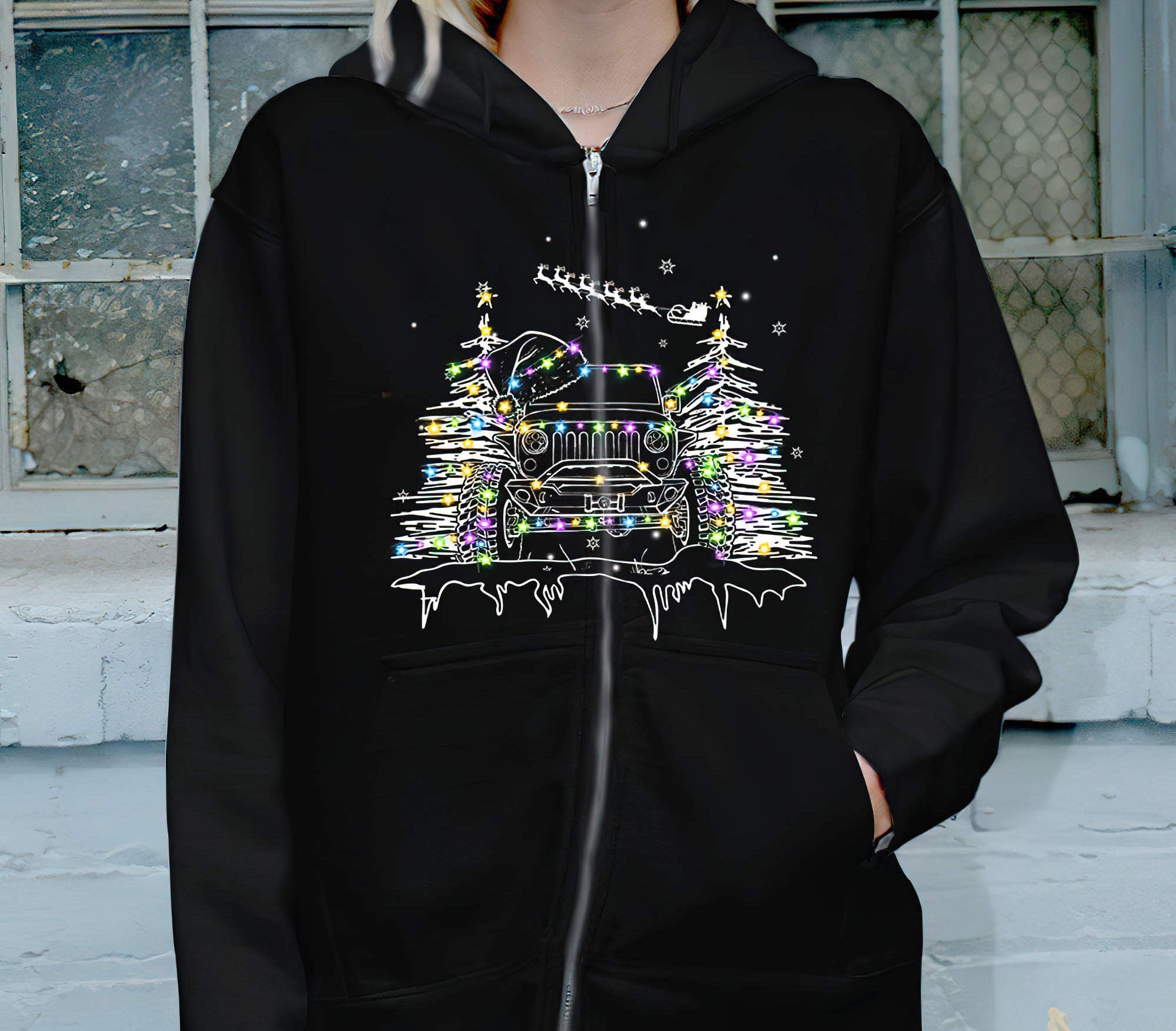 jeep-christmas-lights-new-1-sided-hoodie