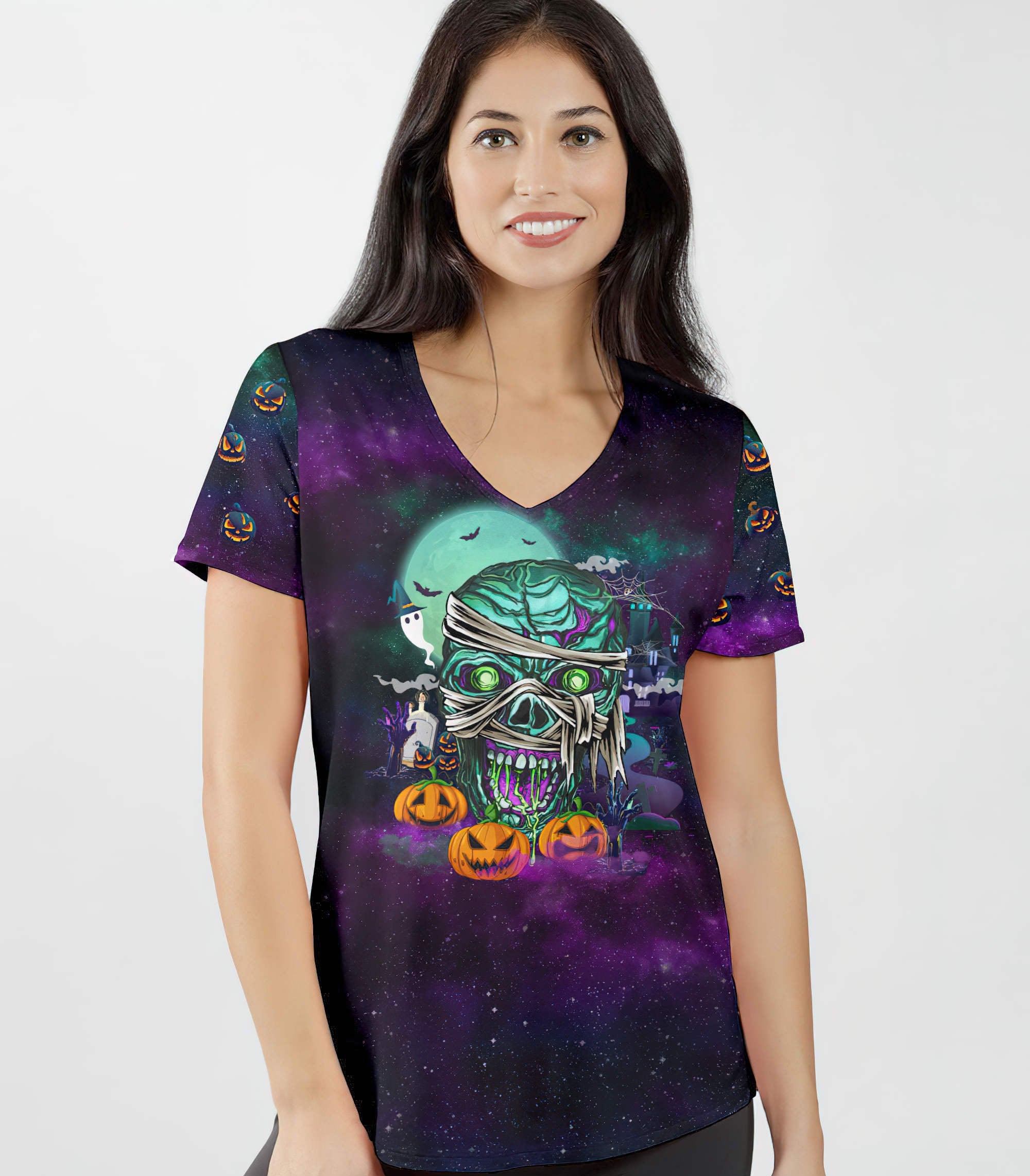 skull-halloween-zombies-all-over-print-women-v-neck-t-shirt