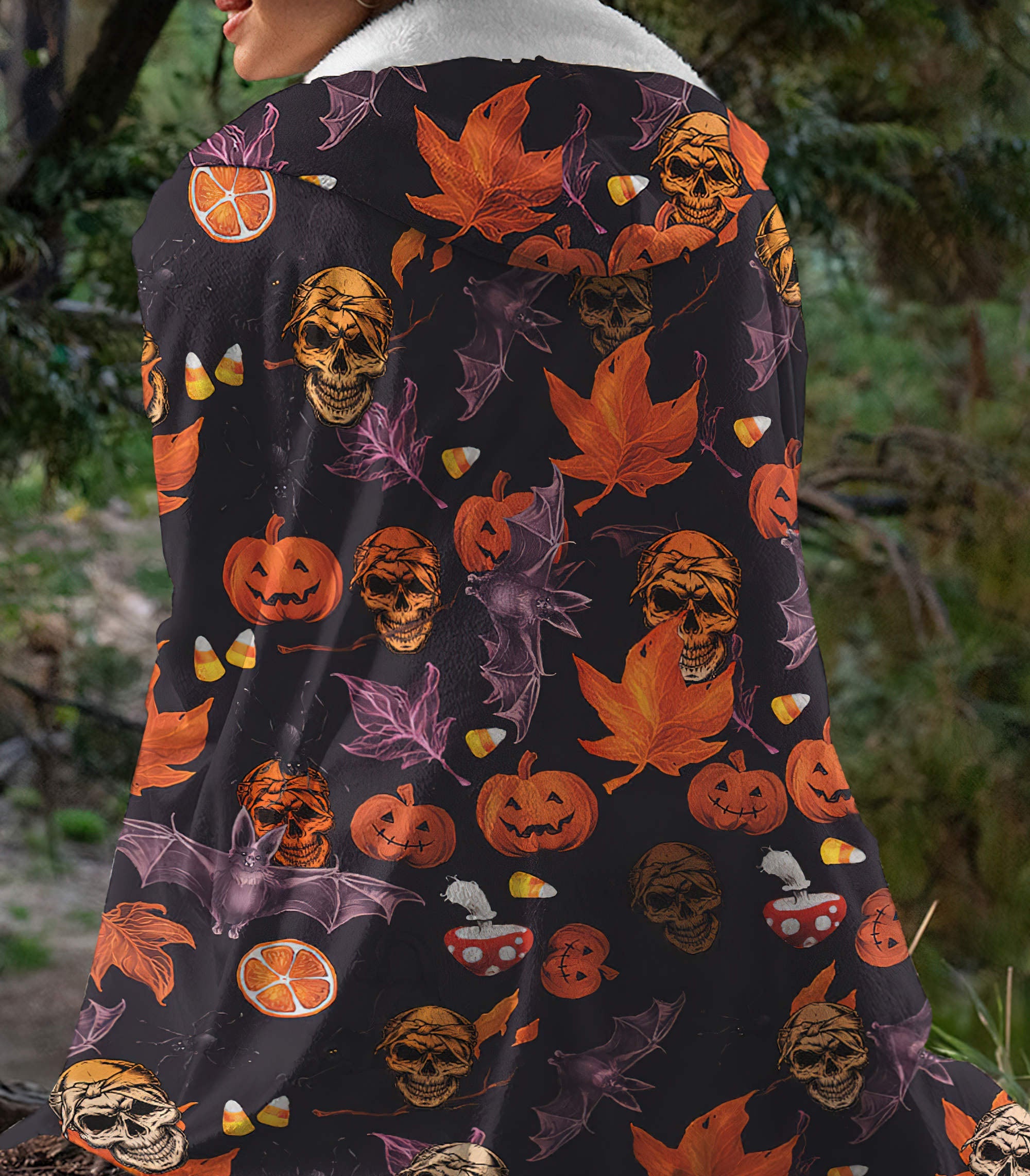 Skull Halloween Pattern Sherpa Blanket Hoodie Wearable Blanket Hoodie