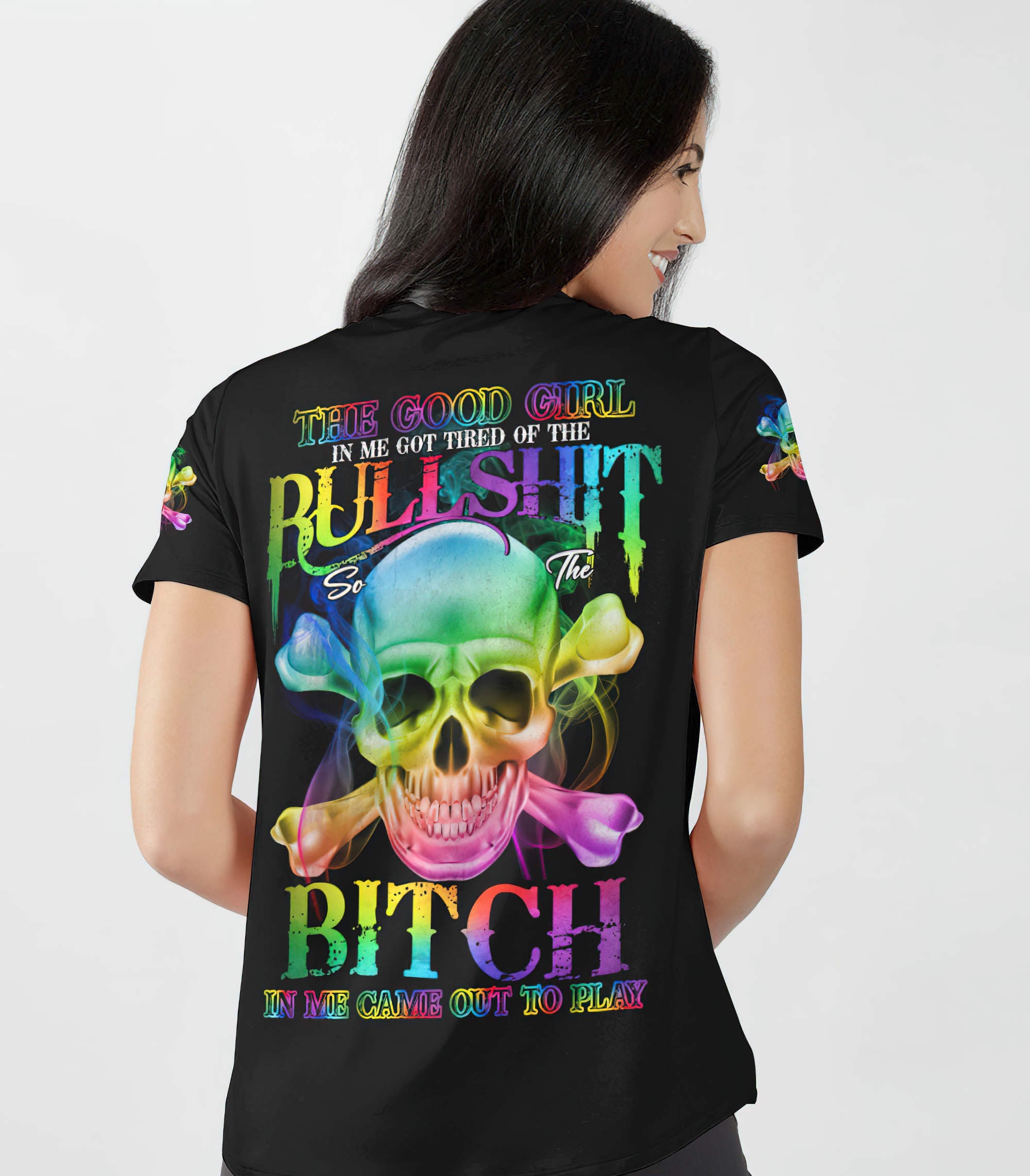 the-good-girl-in-me-got-tired-colorful-skull-all-over-print-women-v-neck-t-shirt