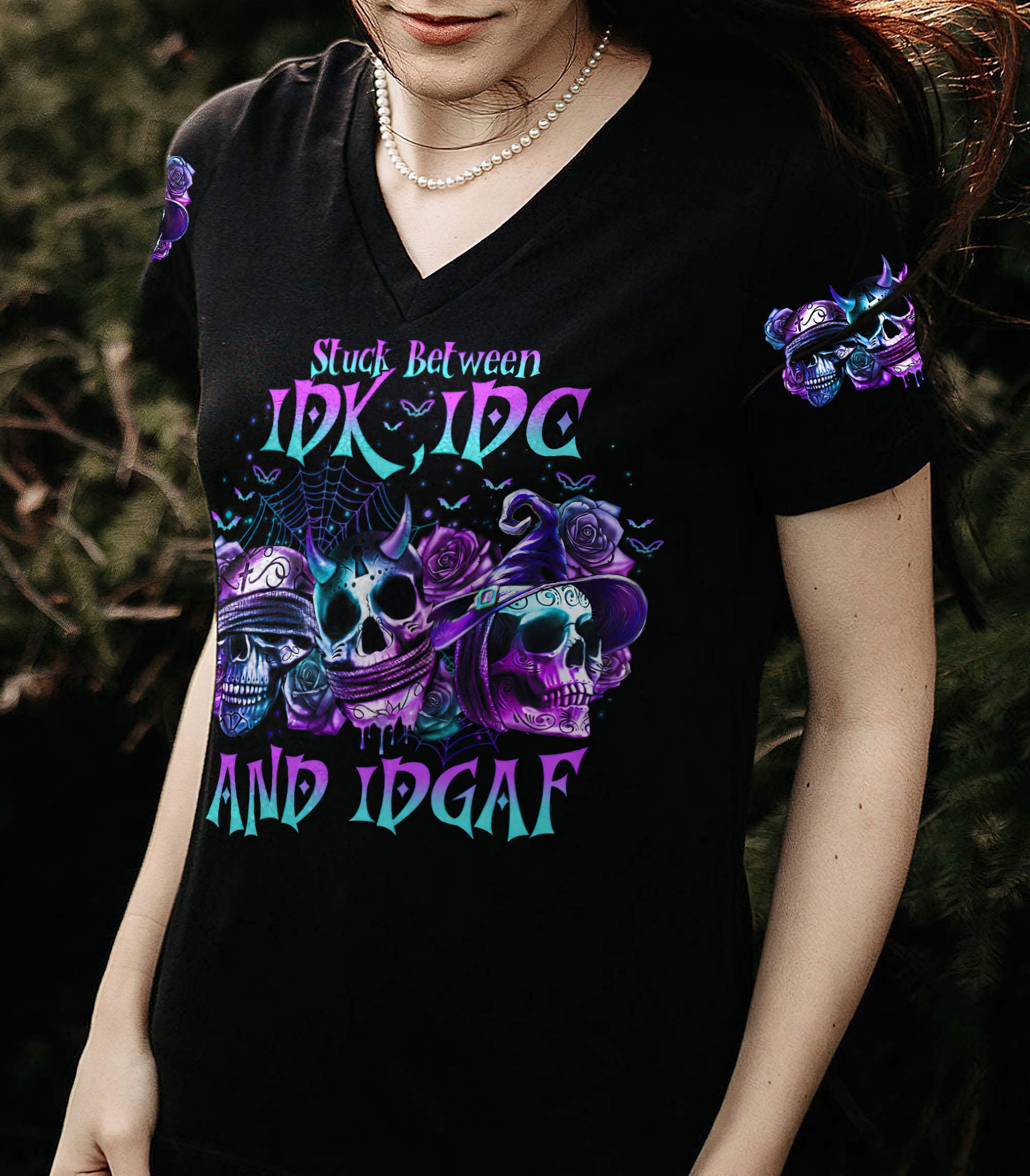 stuck-between-3-skulls-rose-halloween-all-over-print-women-v-neck-t-shirt