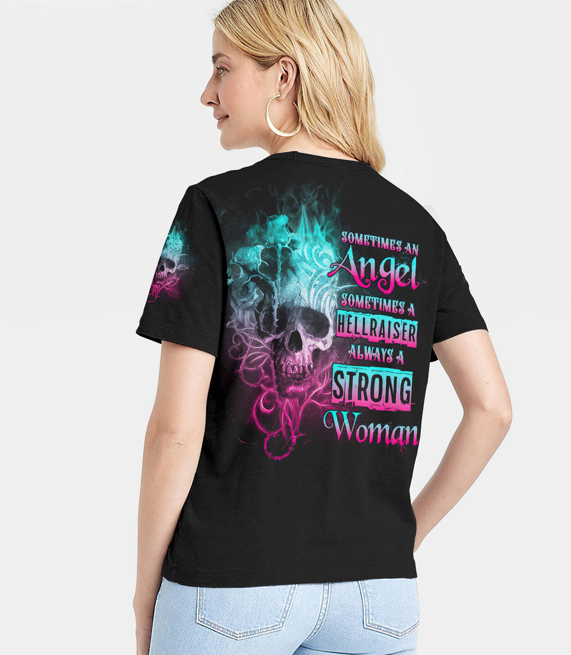 strong-woman-fire-skull-rose-tattoo-all-over-print-women-v-neck-t-shirt