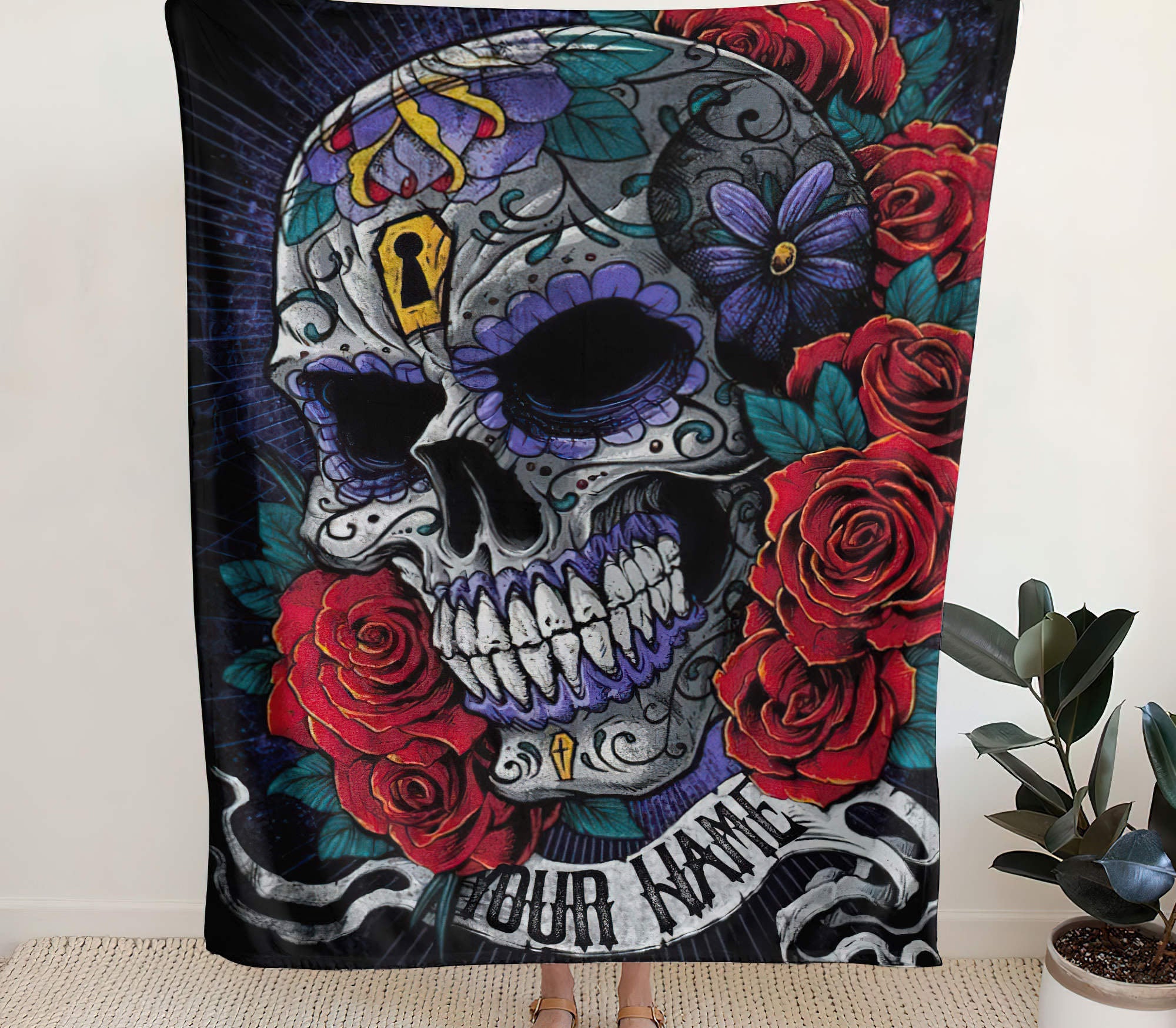 Personalized Sugar Skull Rose Banner Woven & Fleece Blanket