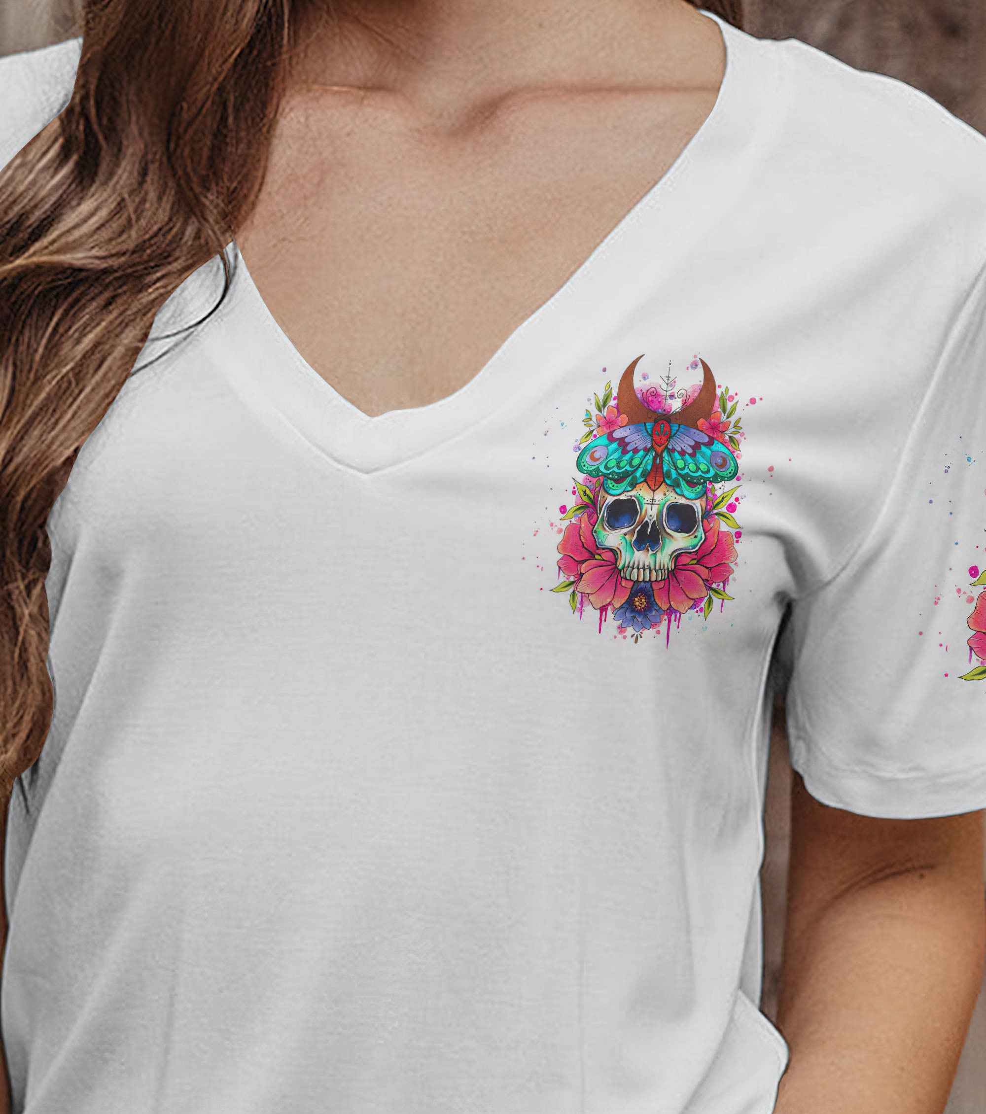 just-a-woman-who-loves-skulls-and-has-tattoos-all-over-print-1-women-v-neck-t-shirt