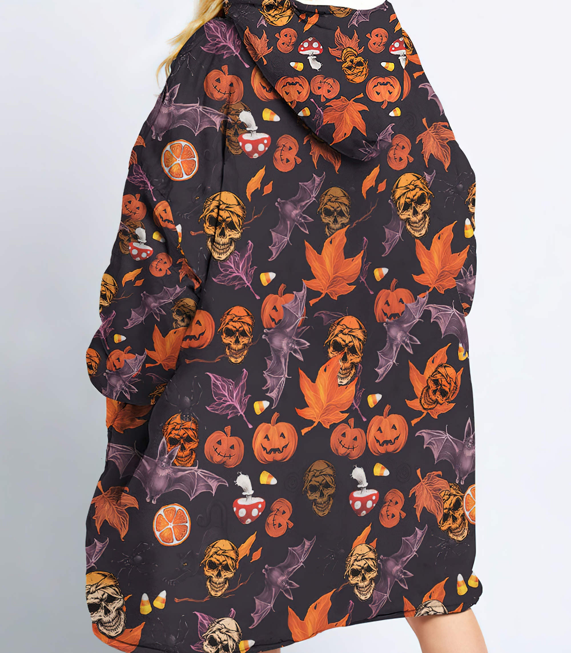 Skull Halloween Pattern Sherpa Blanket Hoodie Wearable Blanket Hoodie