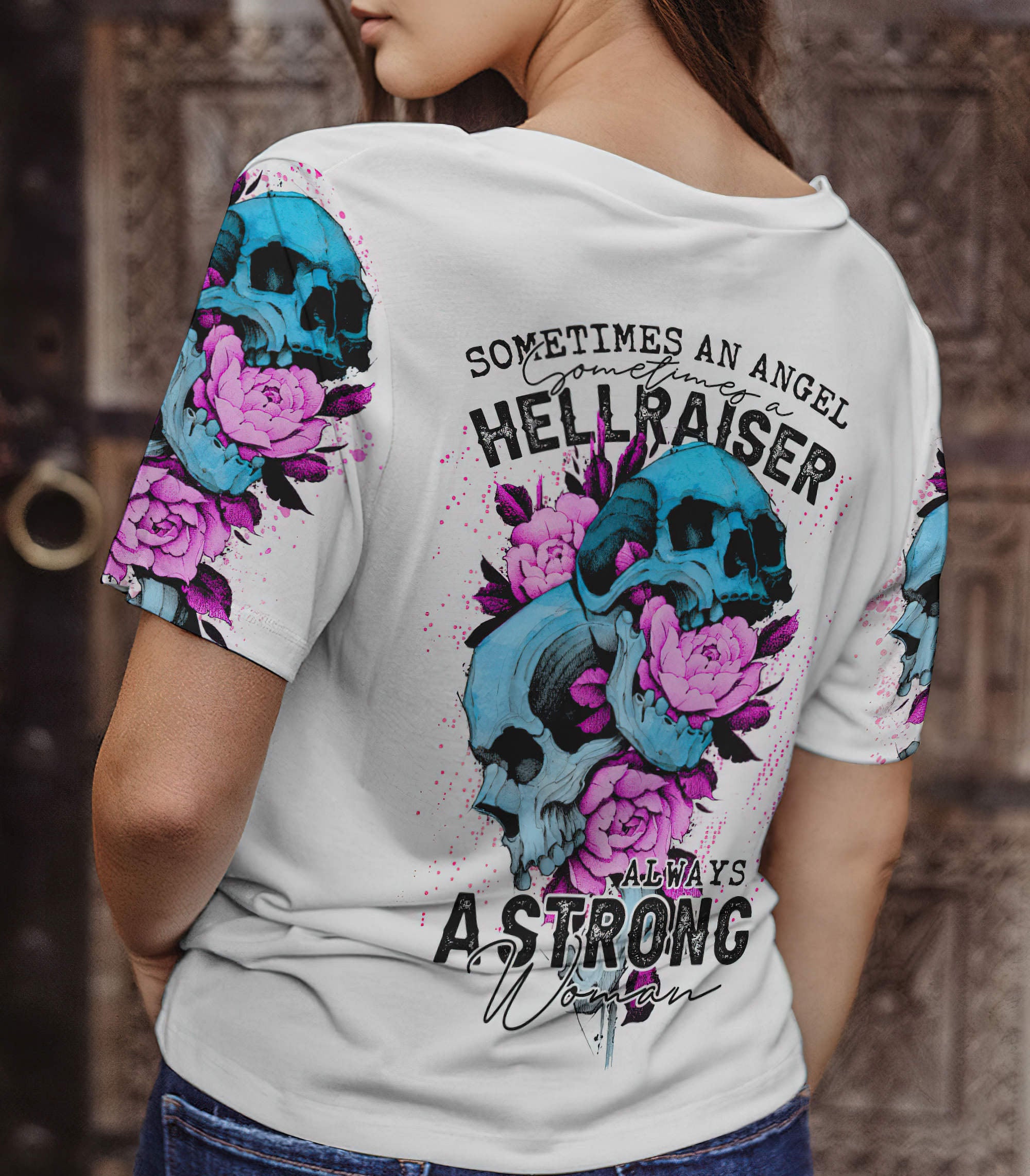 always-a-strong-woman-skull-all-over-print-women-v-neck-t-shirt