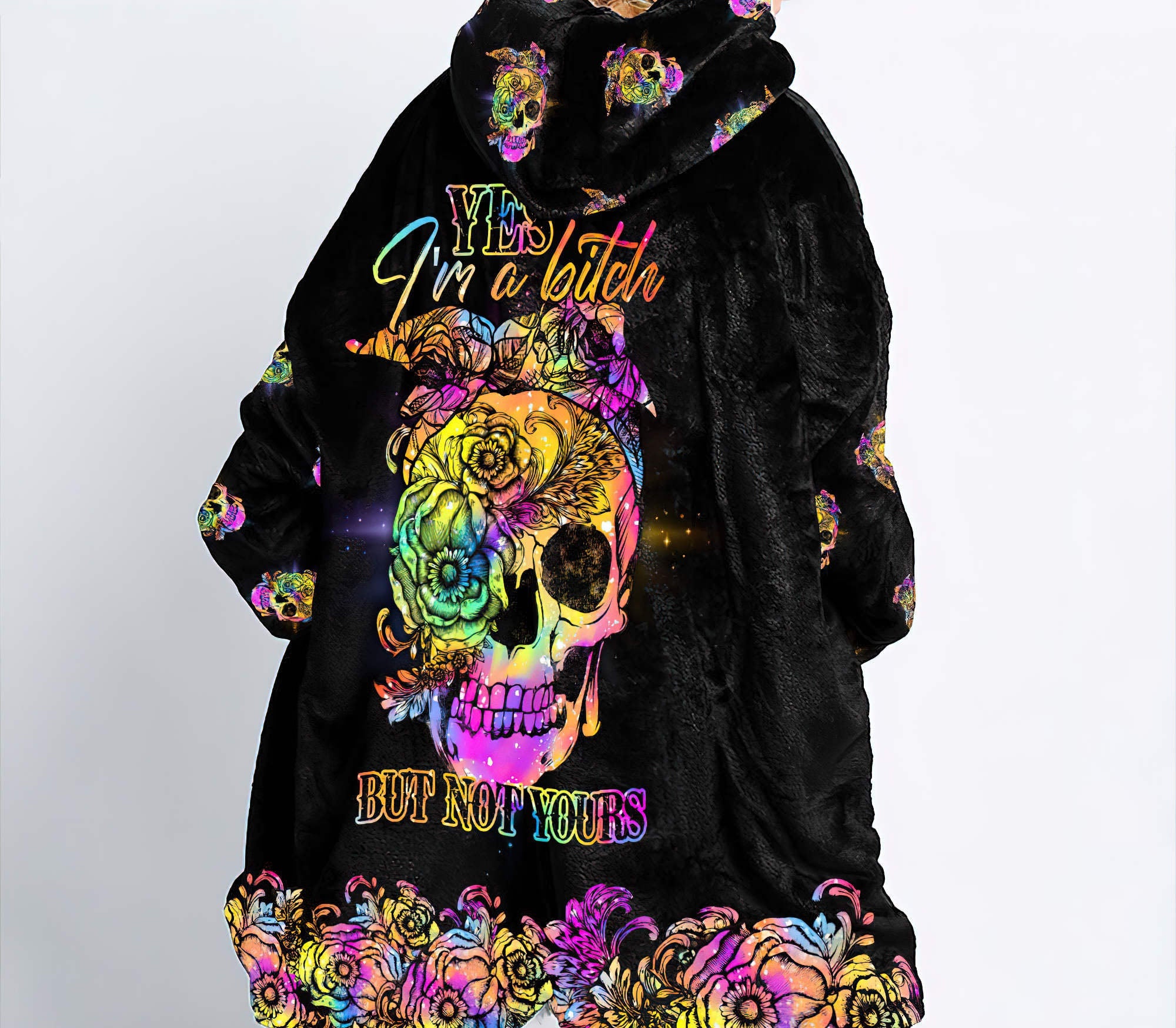 Skull Yes I'm A B Floral Sherpa Blanket Hoodie Wearable Blanket Hoodie