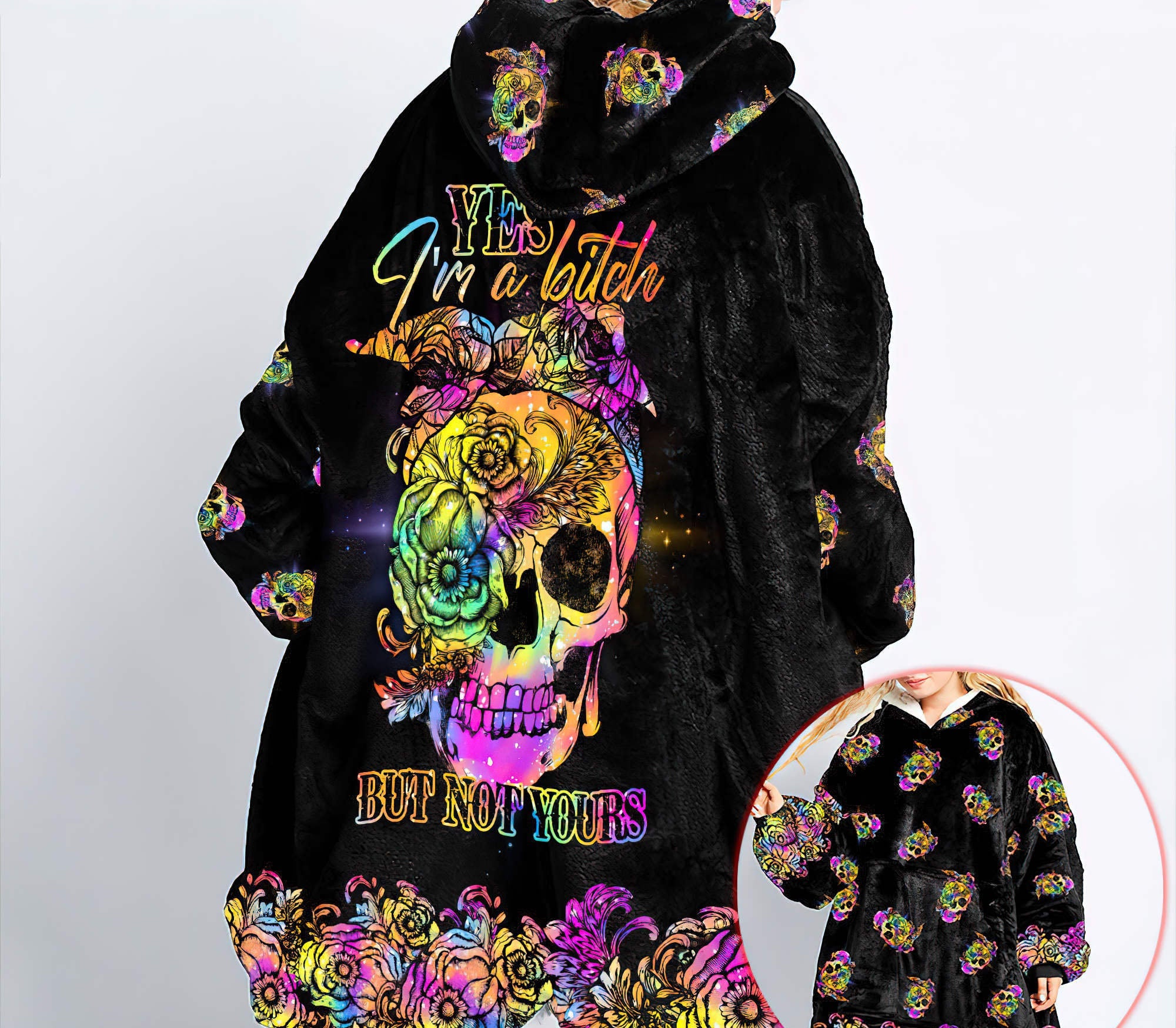 Skull Yes I'm A B Floral Sherpa Blanket Hoodie Wearable Blanket Hoodie