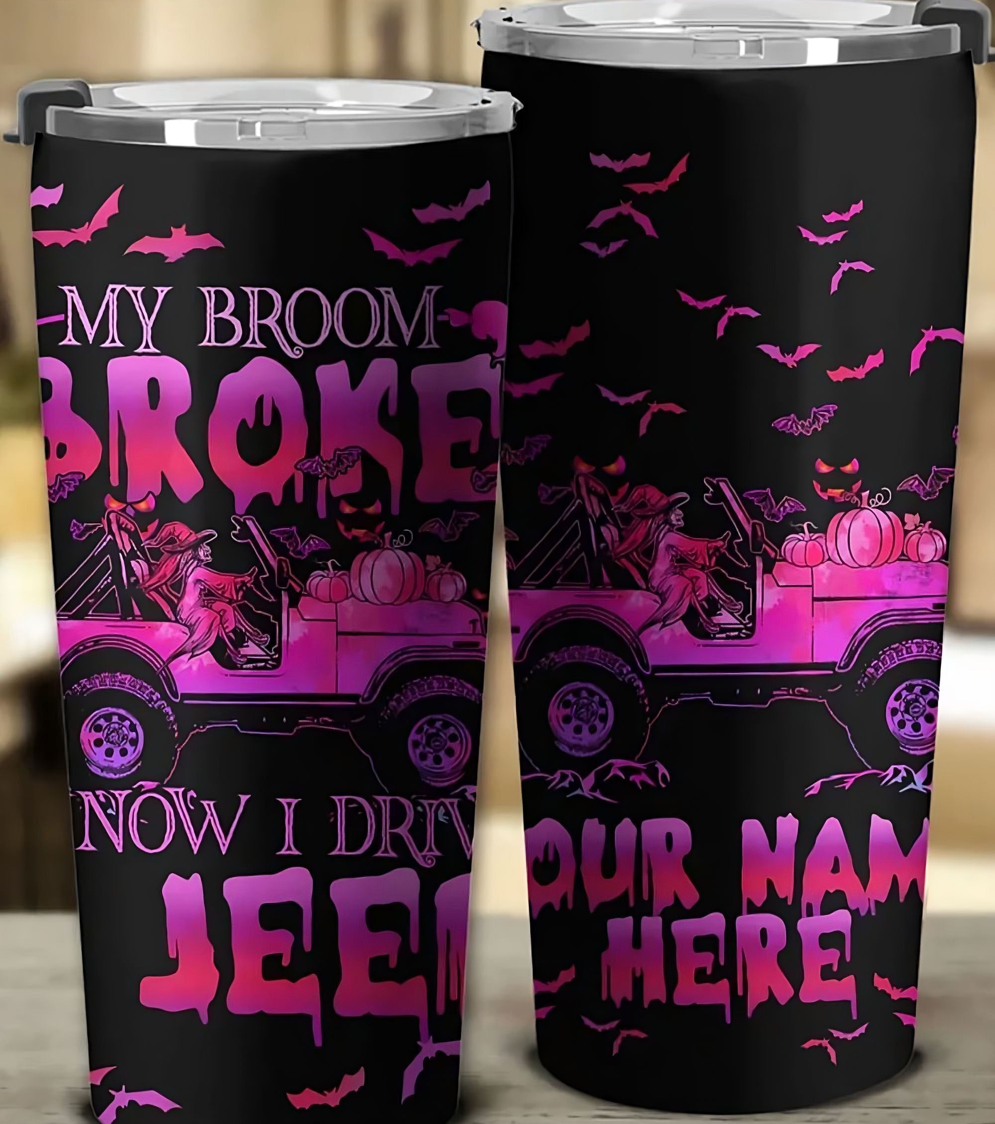 personalized-my-broom-broke-so-now-i-drive-a-jeep-pink-tumbler