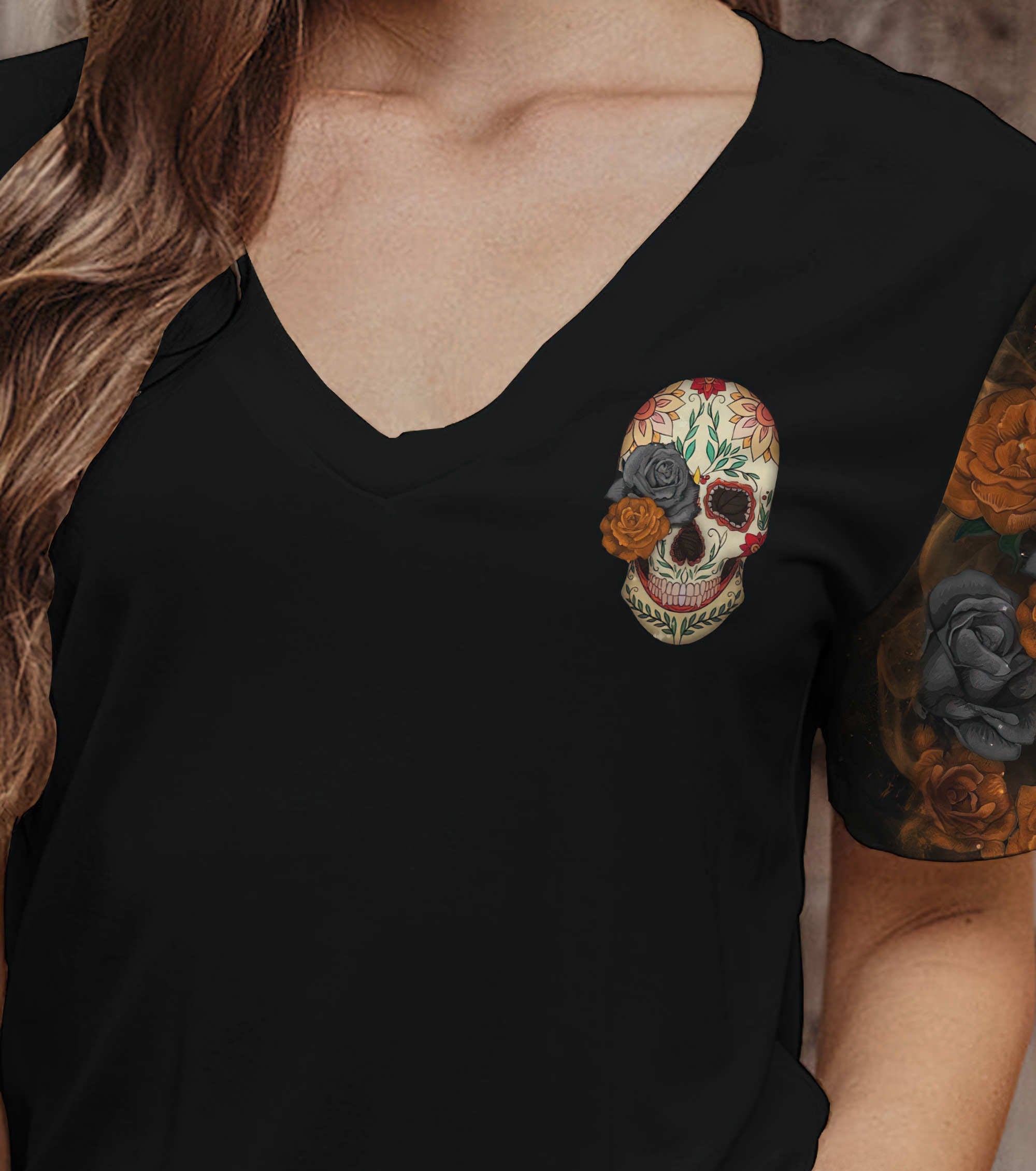 zero-fcks-given-flower-skull-all-over-print-women-v-neck-t-shirt