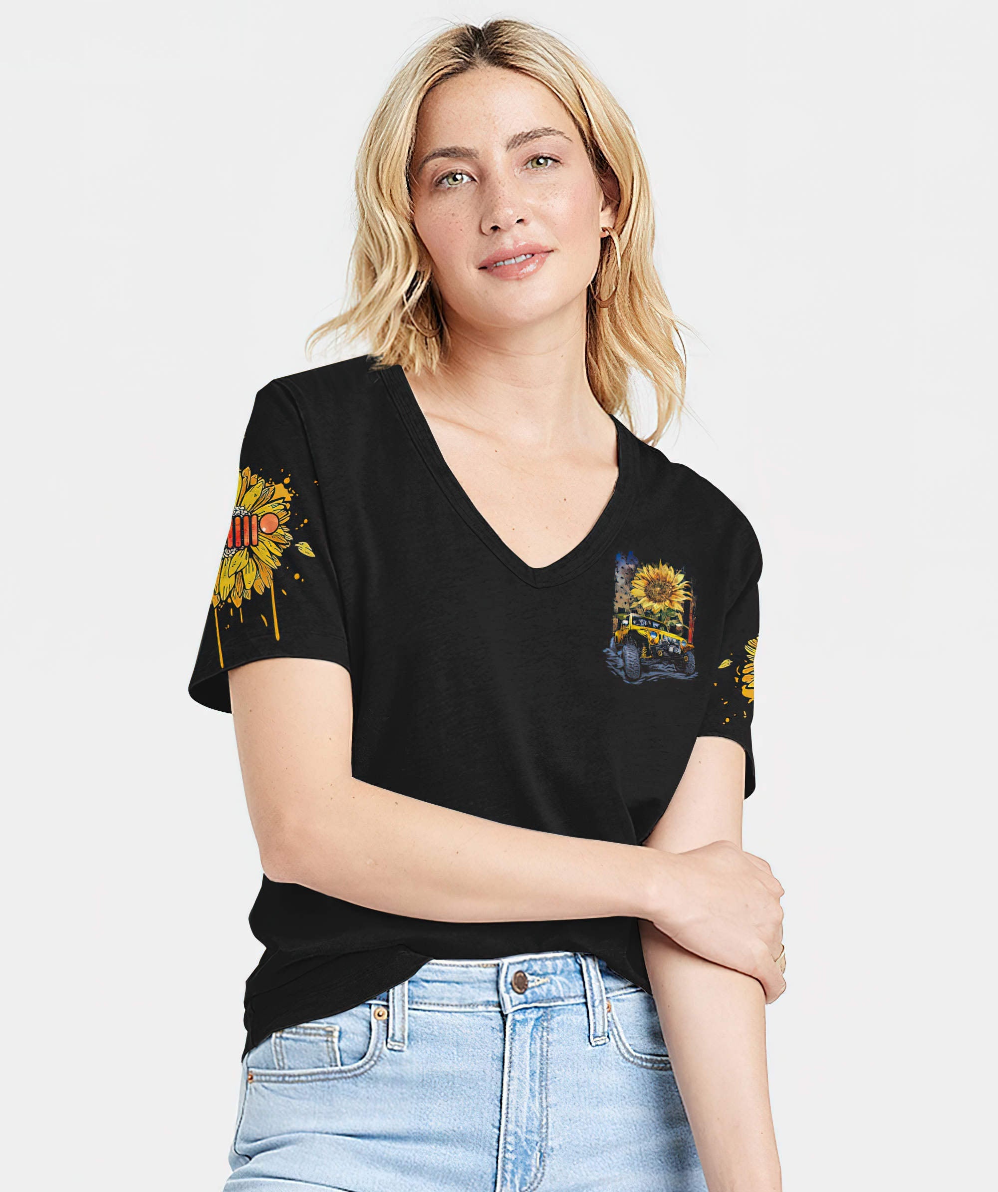 american-sunflower-jeep-girl-1-women-v-neck-t-shirt