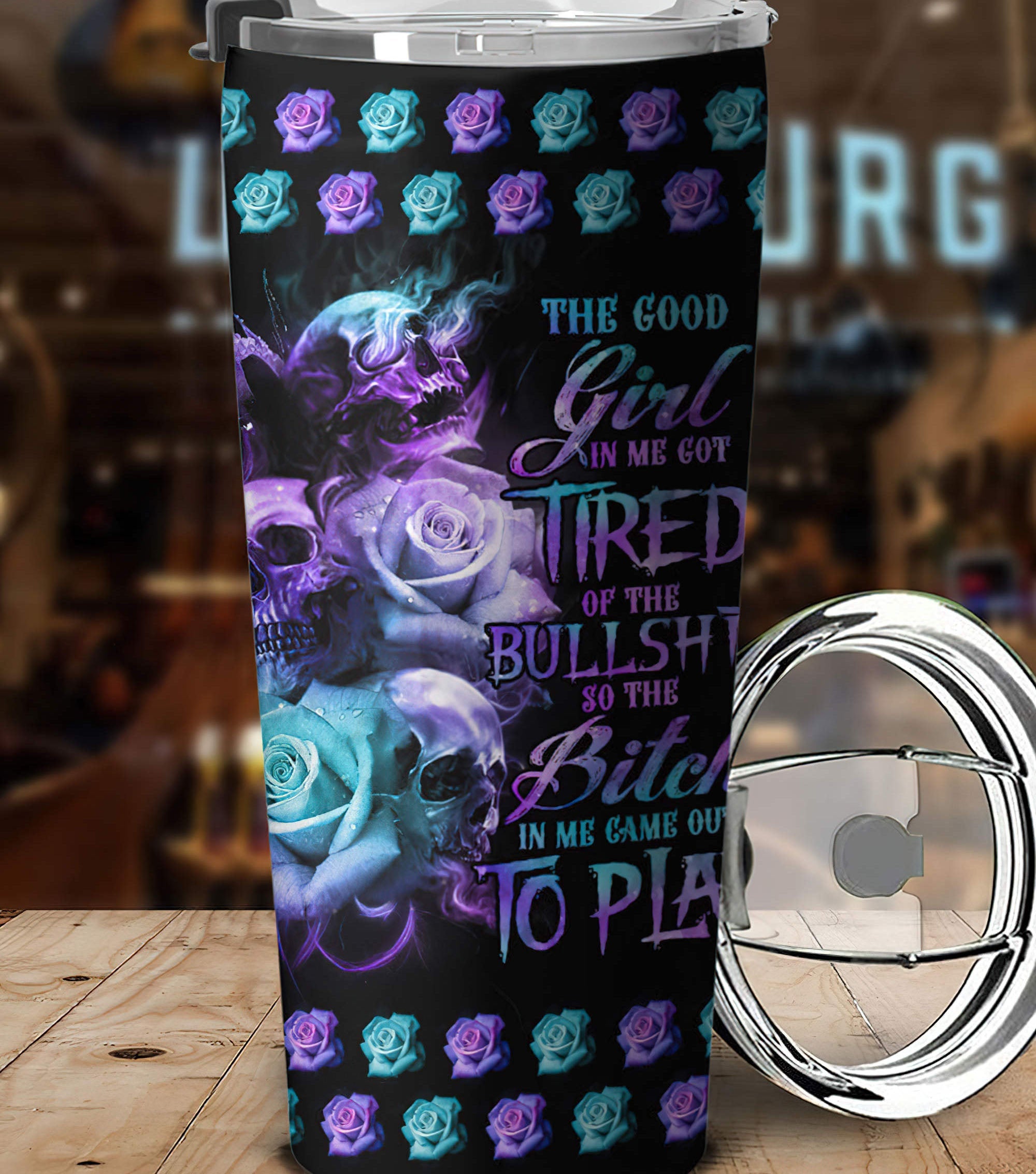 Personalized The Good Girl In Me 3 Skulls Rose Tumbler Tumbler