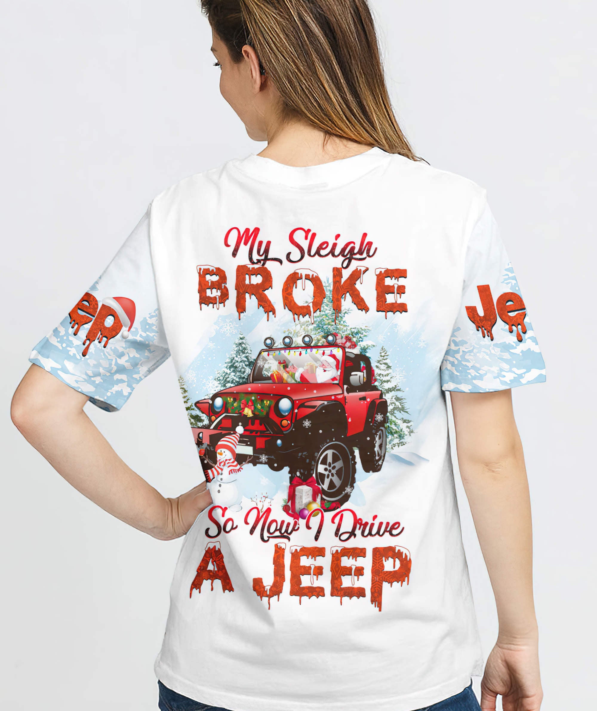 my-sleigh-broke-red-jeep-t-shirt