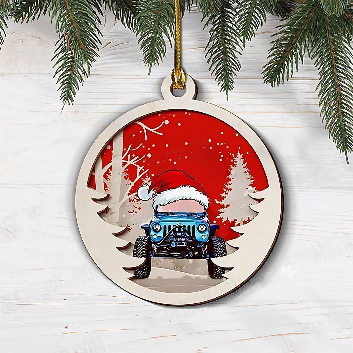 red-customized-layered-wood-ornament-jeep-christmas-ornaments