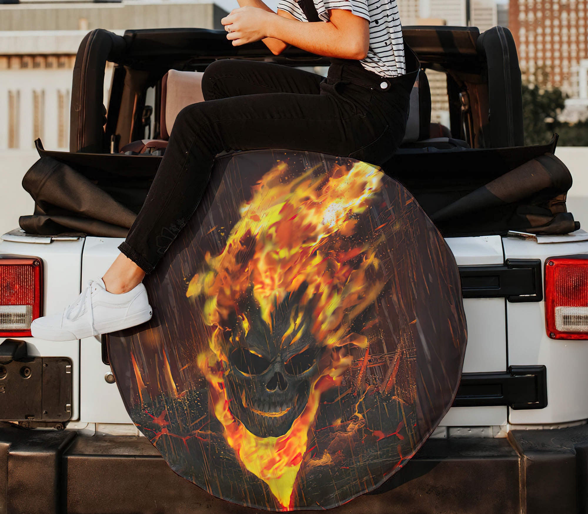 One Day Flaming Skull Automotive Spare Tire Cover