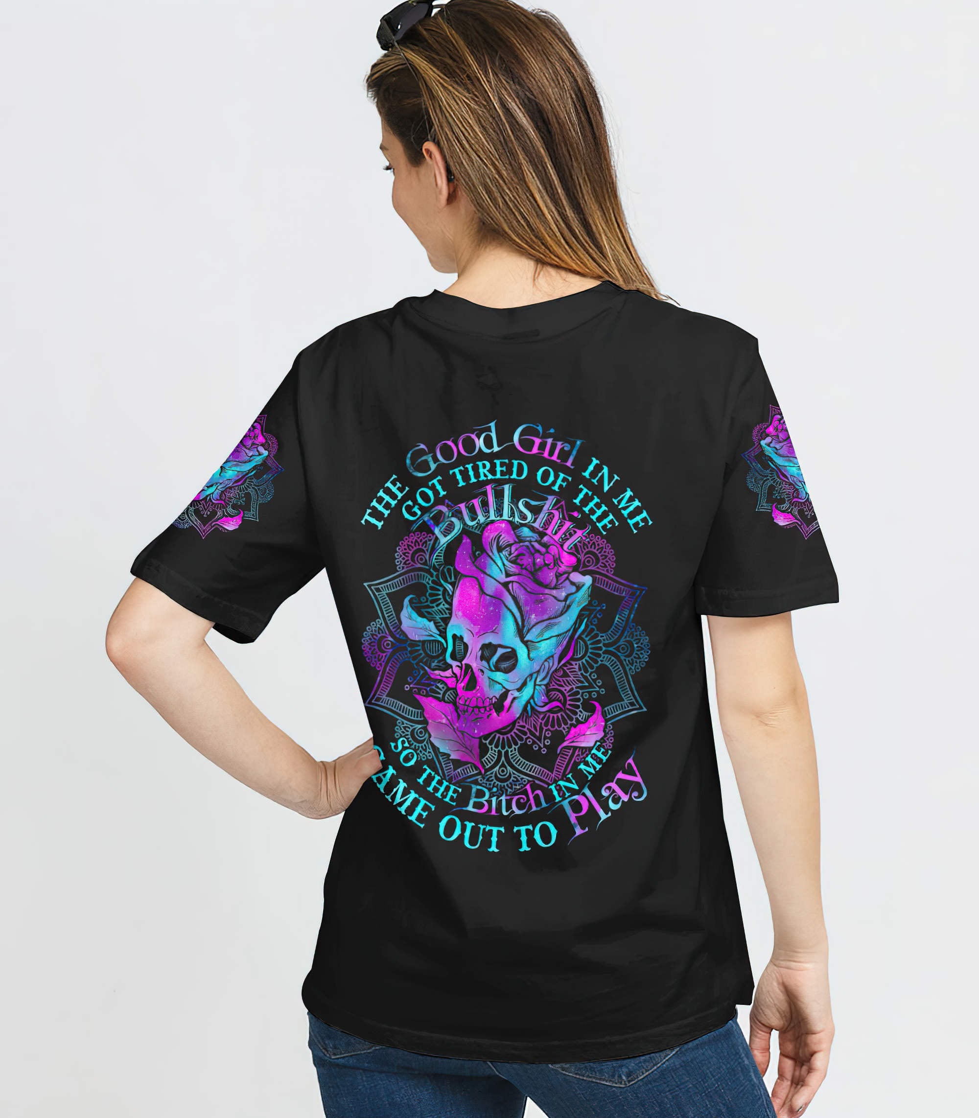 The Good Girl In Me Rose Skull All Over Print T Shirt