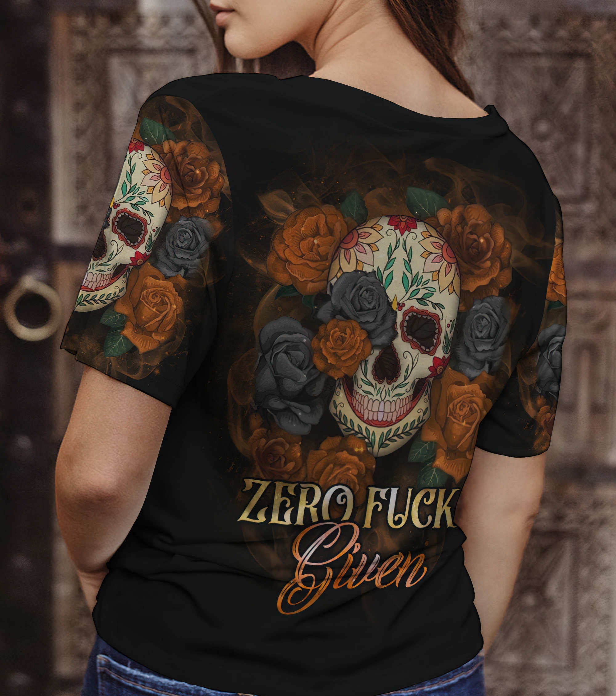 zero-fcks-given-flower-skull-all-over-print-women-v-neck-t-shirt