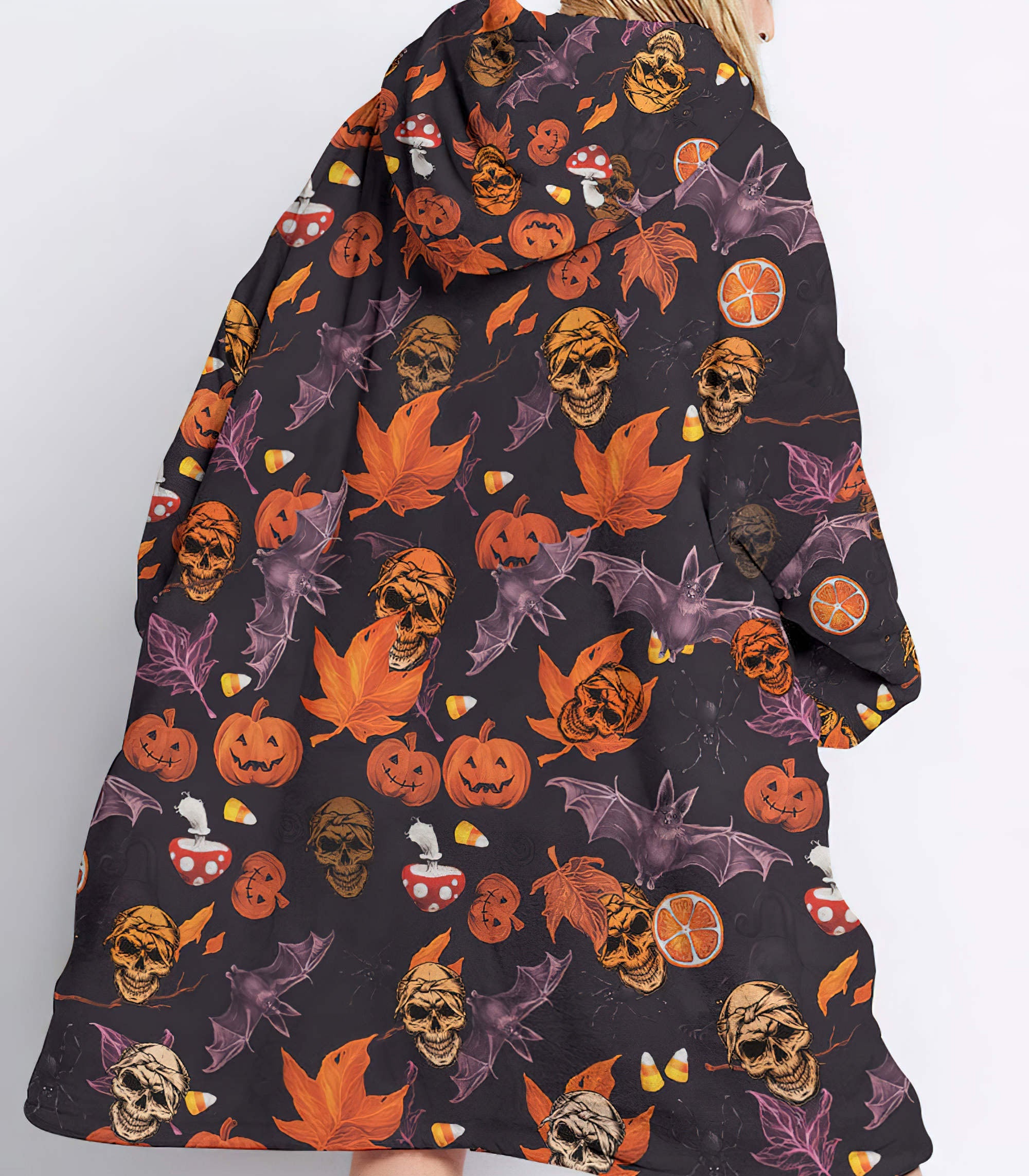 Skull Halloween Pattern Sherpa Blanket Hoodie Wearable Blanket Hoodie