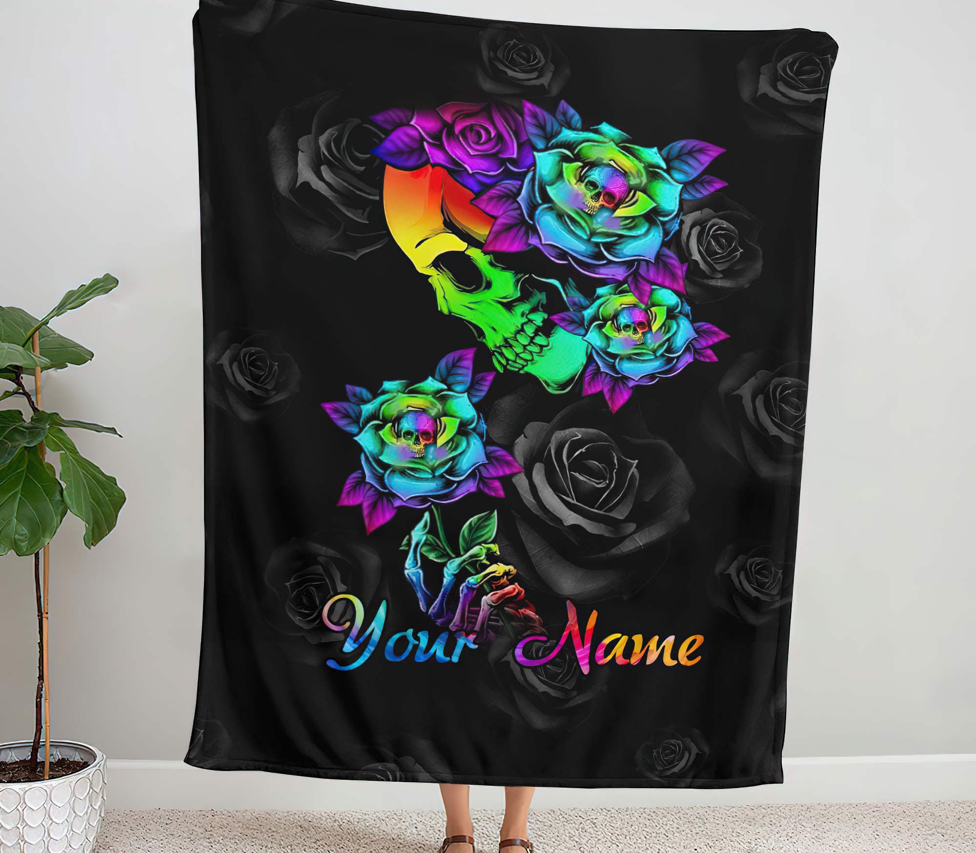 Personalized Colorful Skull Rose Woven & Fleece Blanket