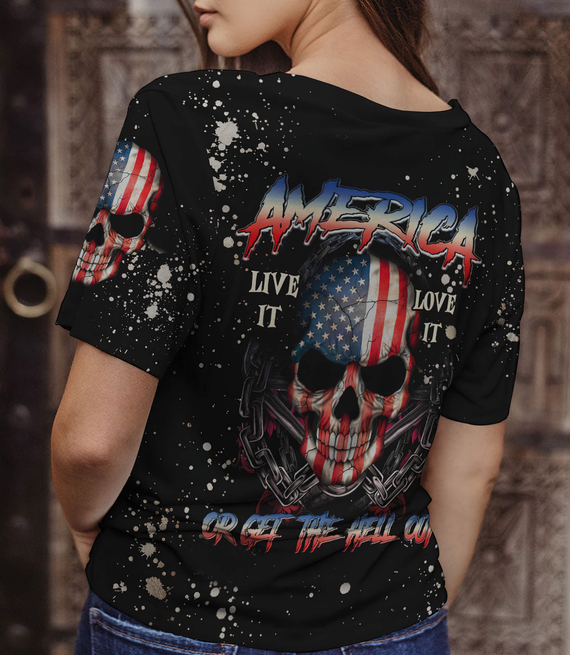 america-live-it-love-it-bleached-all-over-print-women-v-neck-t-shirt