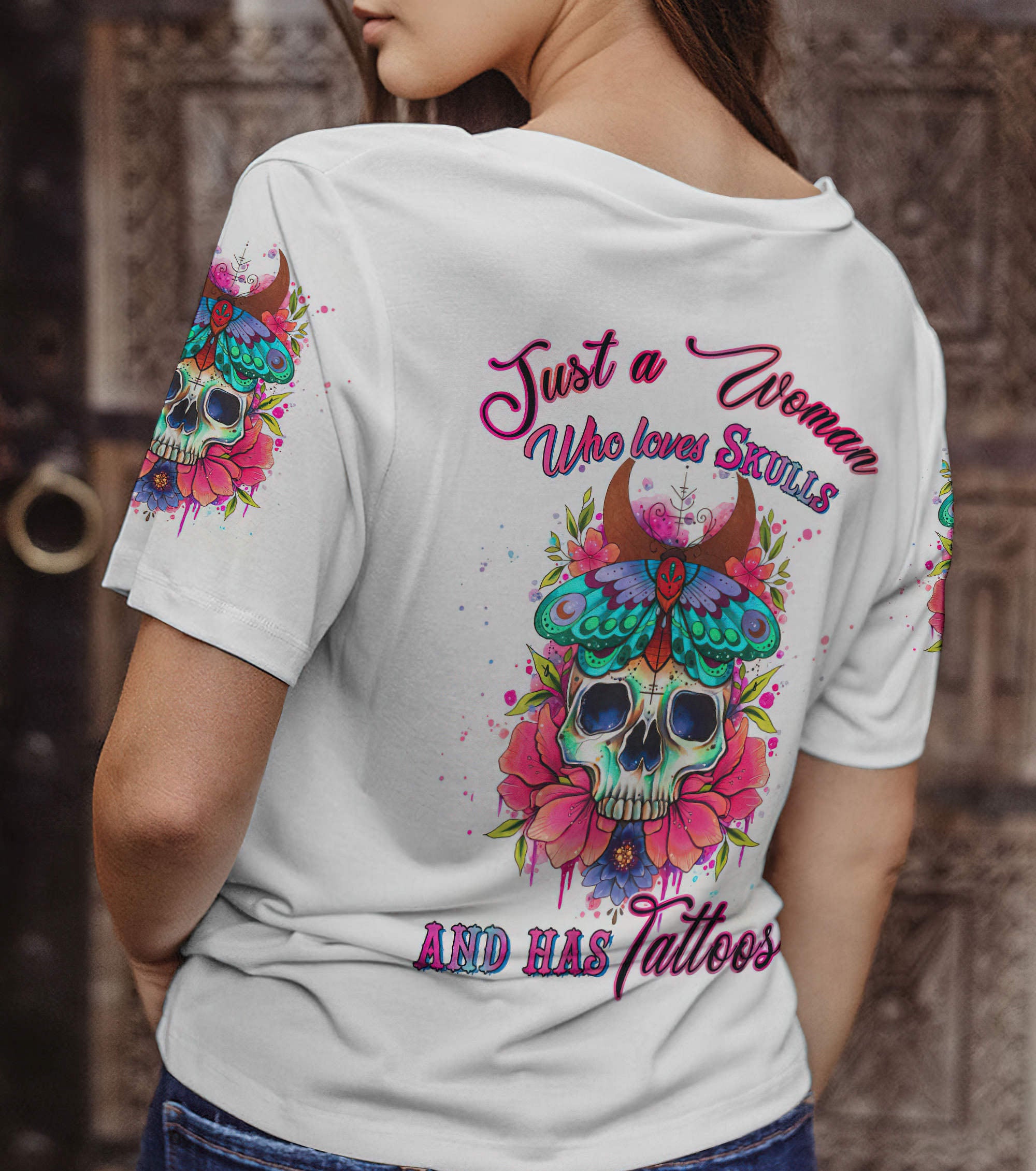 just-a-woman-who-loves-skulls-and-has-tattoos-all-over-print-1-women-v-neck-t-shirt