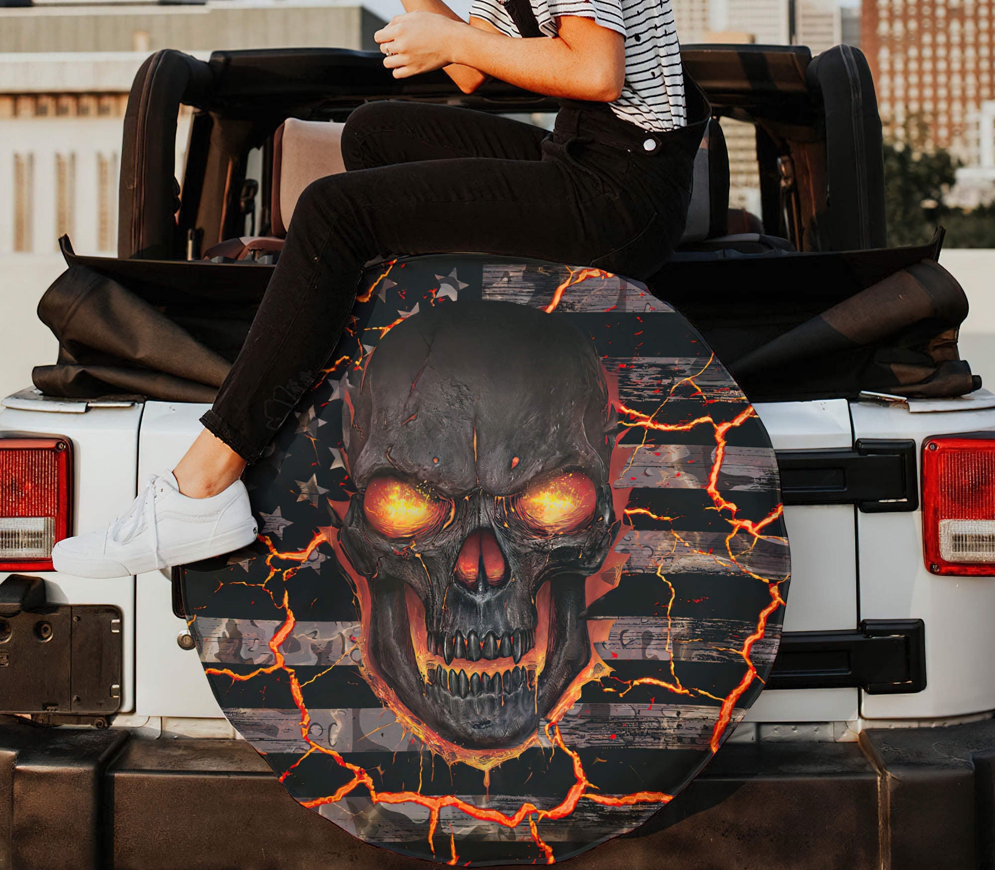 Dilligaf Fire Skull Flag Automotive Spare Tire Cover