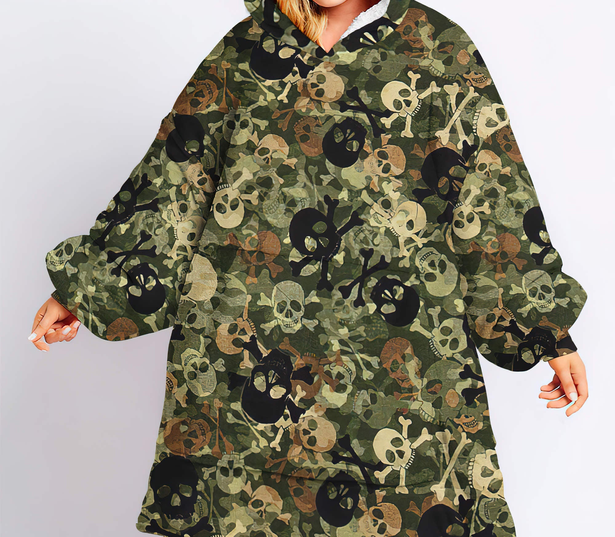 Skull Camo Texture Sherpa Blanket Hoodie Wearable Blanket Hoodie