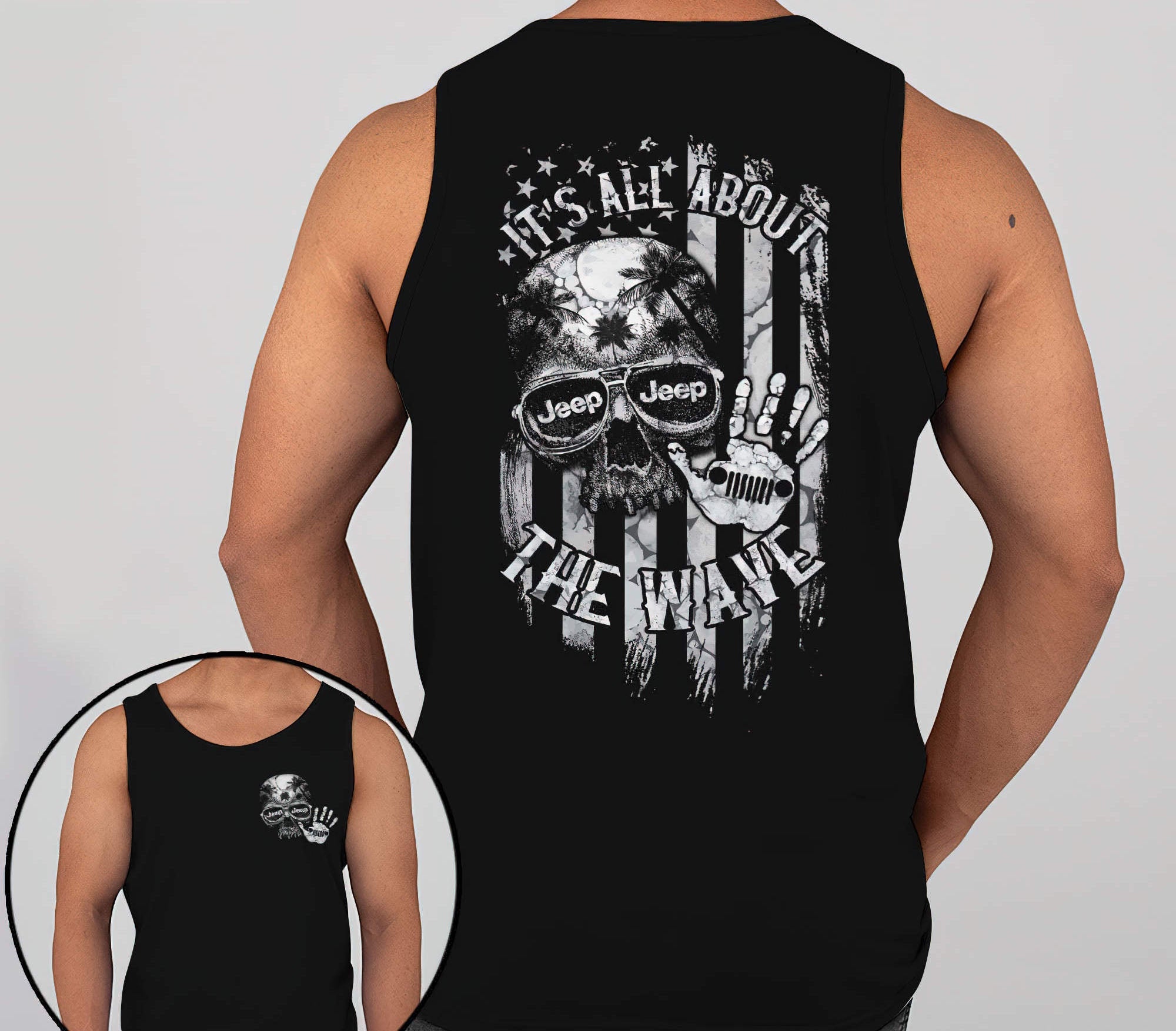 all-about-the-wave-skull-jeep-flag-bw-tank-top