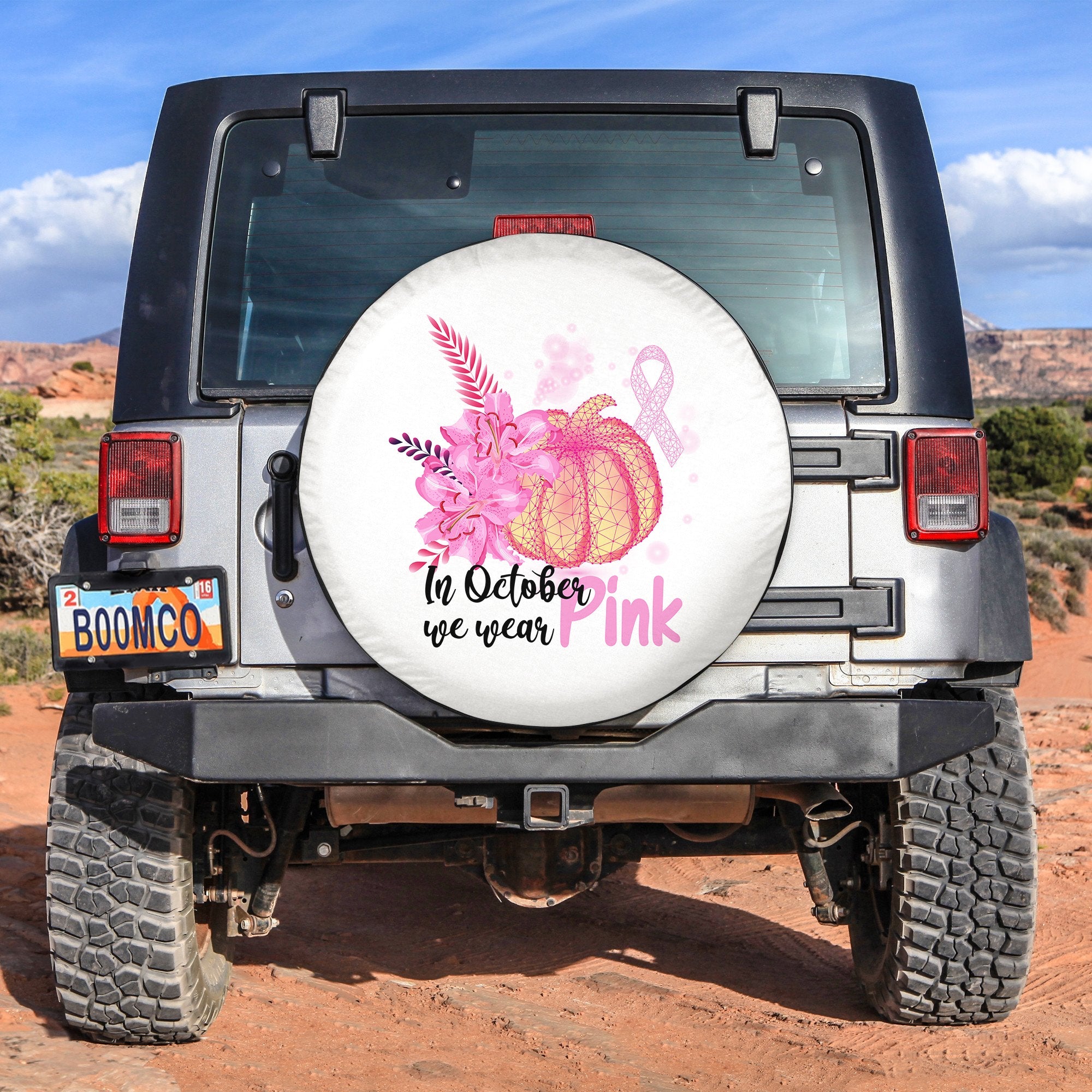 Breast Cancer Pumpkin, Pink Ribbon In October We Wear Pink Spare Tire Cover 