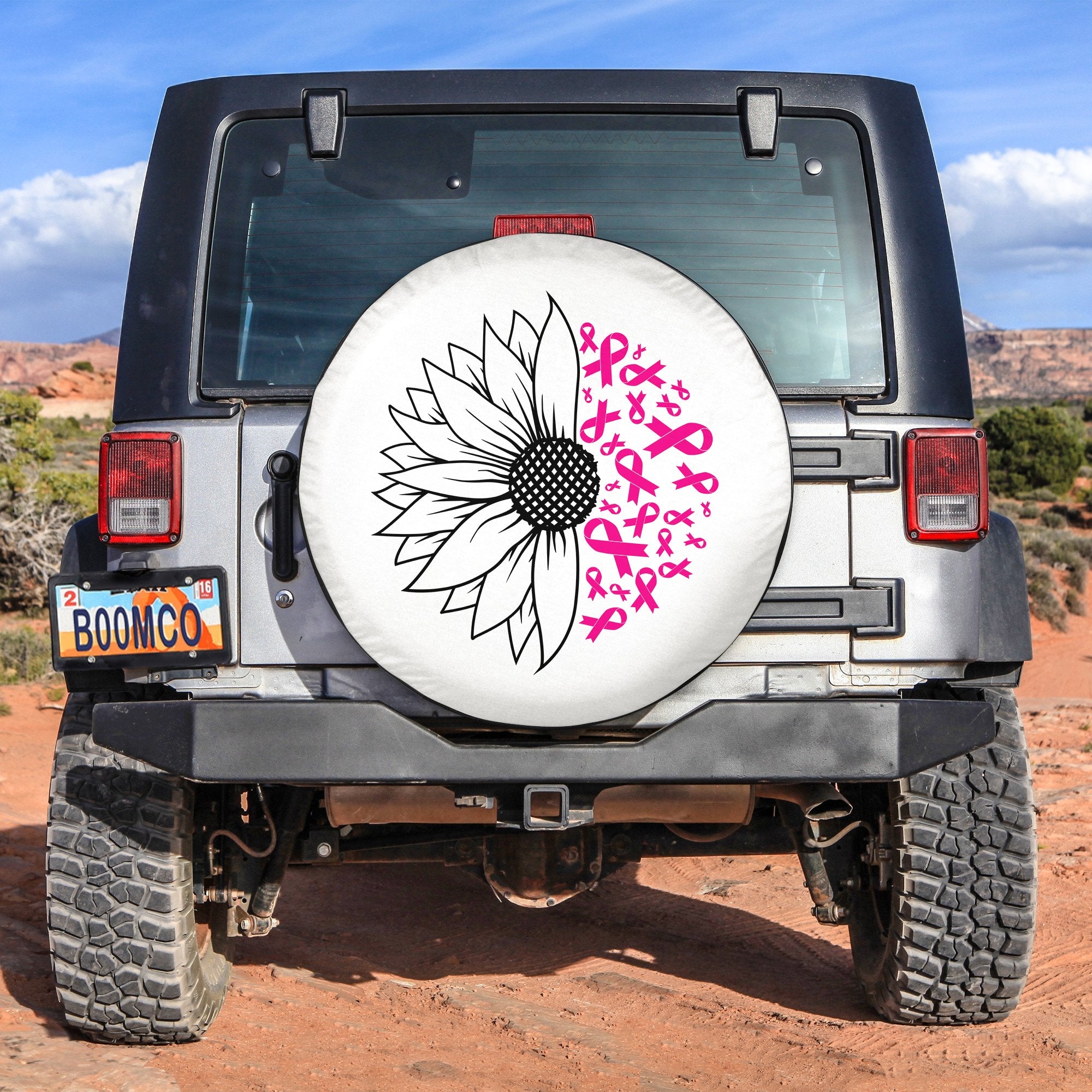 Breast Cancer Half Sunflower With Ribbon Spare Tire Cover 