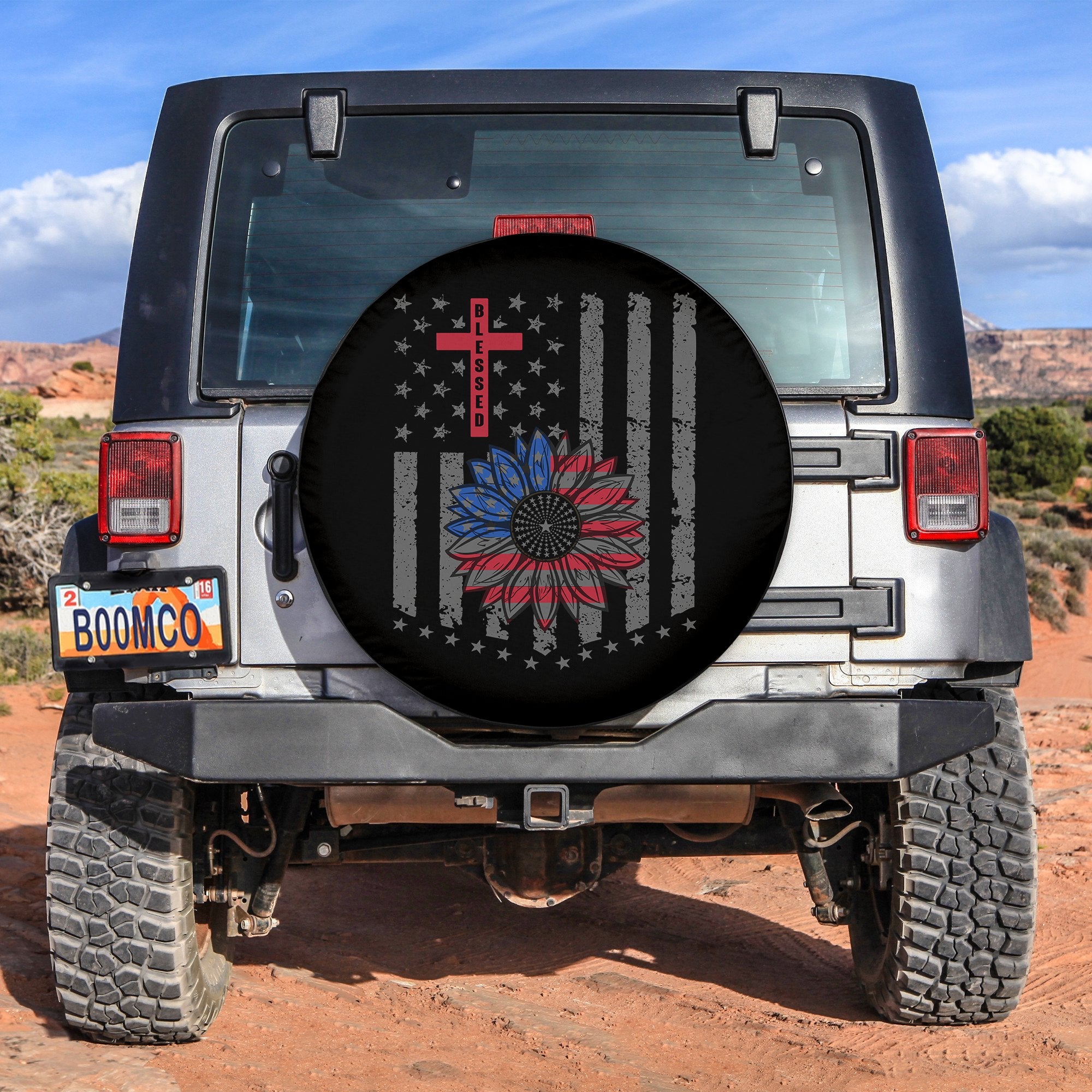 America Sunflower Flag Spare Tire Cover