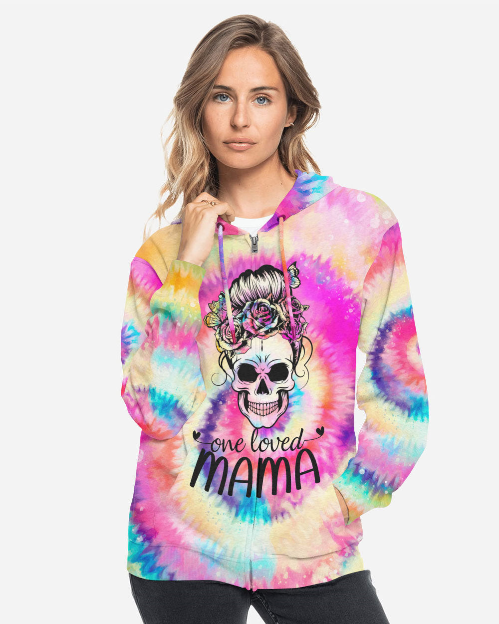 one-loved-mama-messy-bun-tie-dye-womens-skull-hoodie