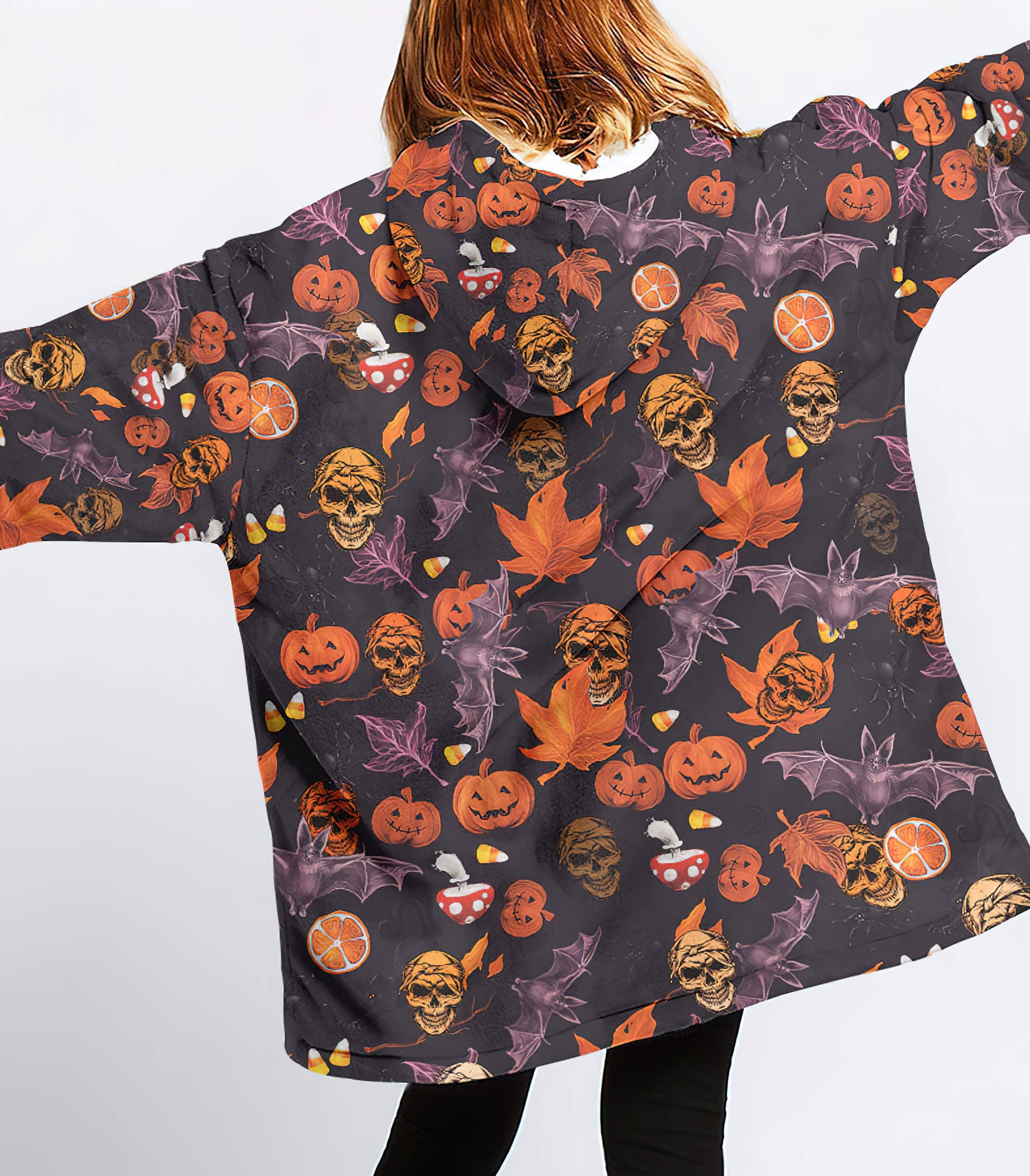 Skull Halloween Pattern Sherpa Blanket Hoodie Wearable Blanket Hoodie