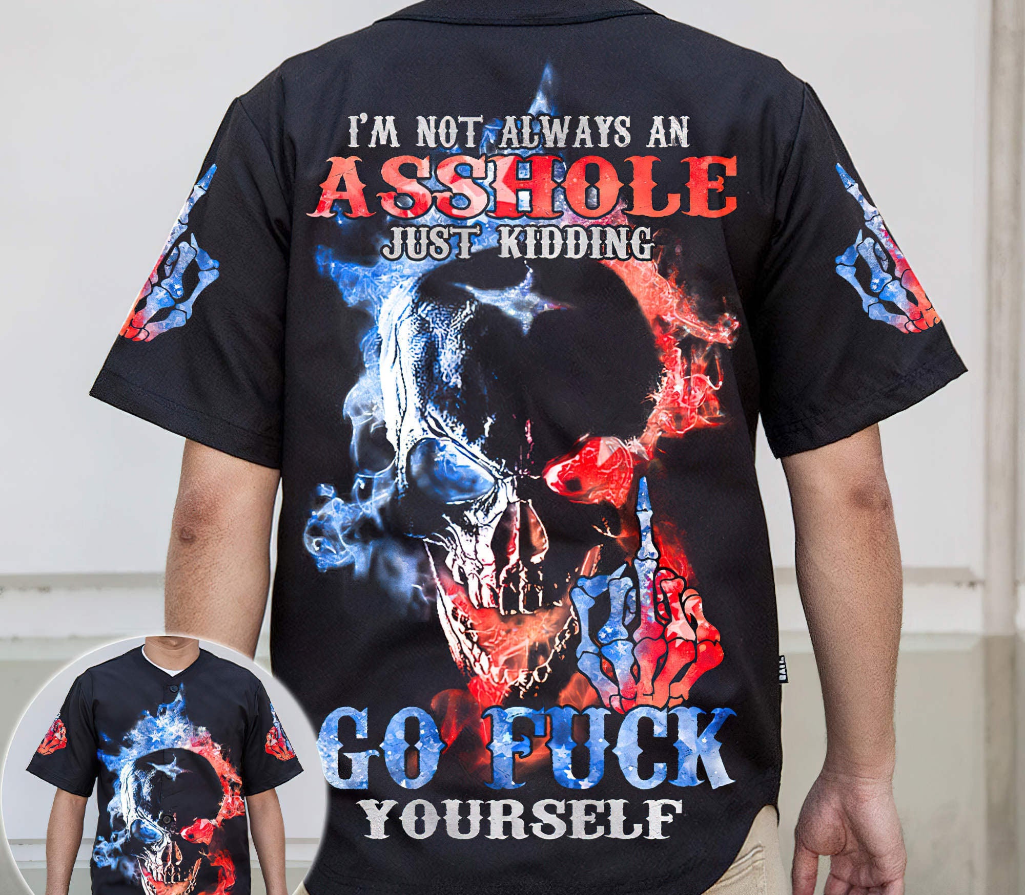 Just Kidding Go F Yourself Fire Skull Baseball Jersey Baseball Jersey