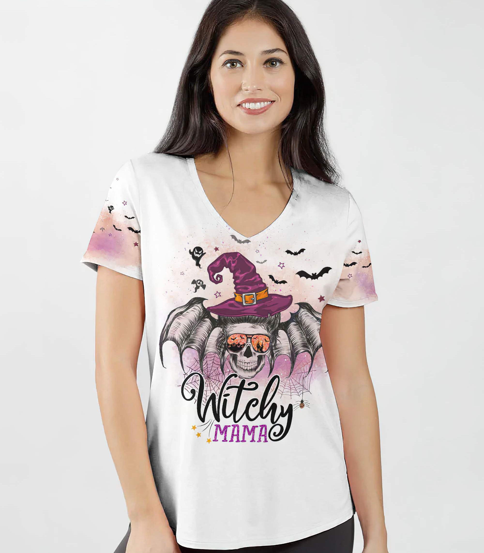 witchy-mama-messy-bun-skull-all-over-print-women-v-neck-t-shirt