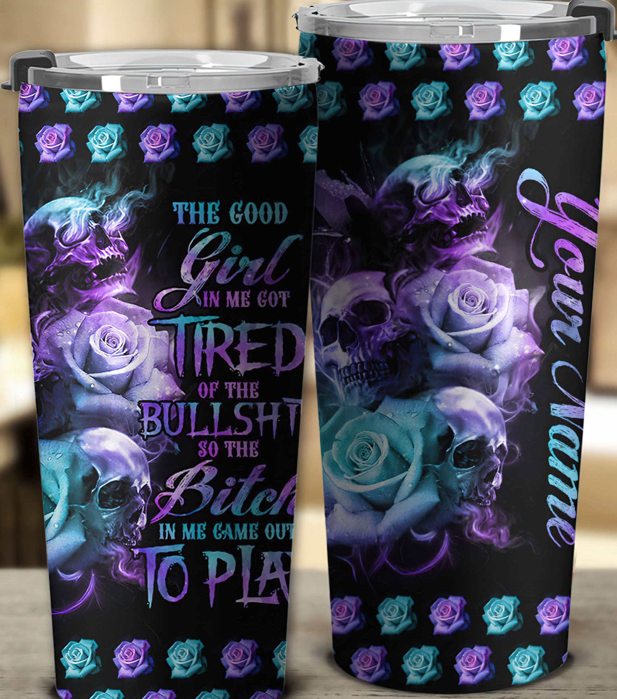 Personalized The Good Girl In Me 3 Skulls Rose Tumbler Tumbler