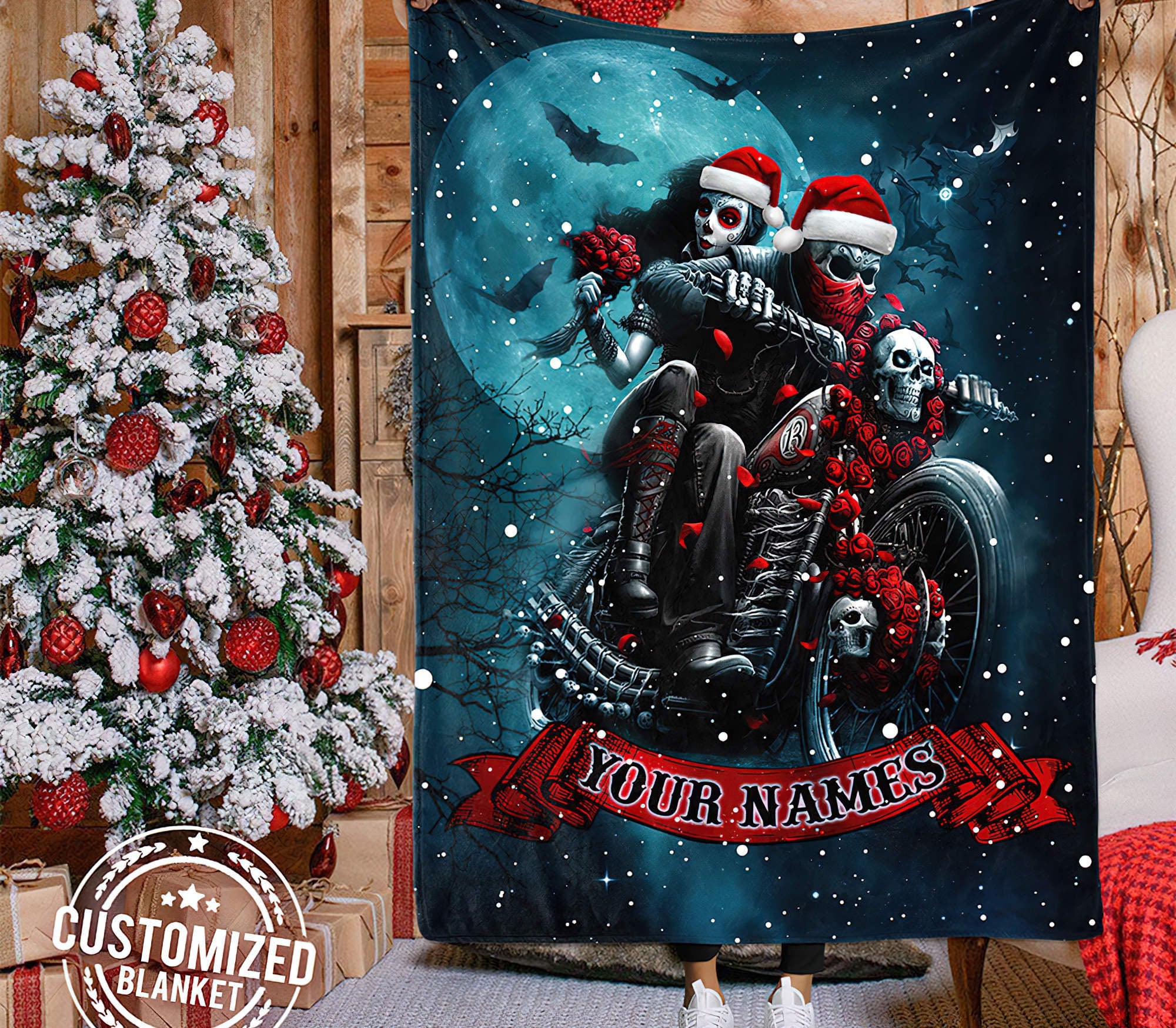 Personalized Skull Biker Couple Woven & Fleece Blanket